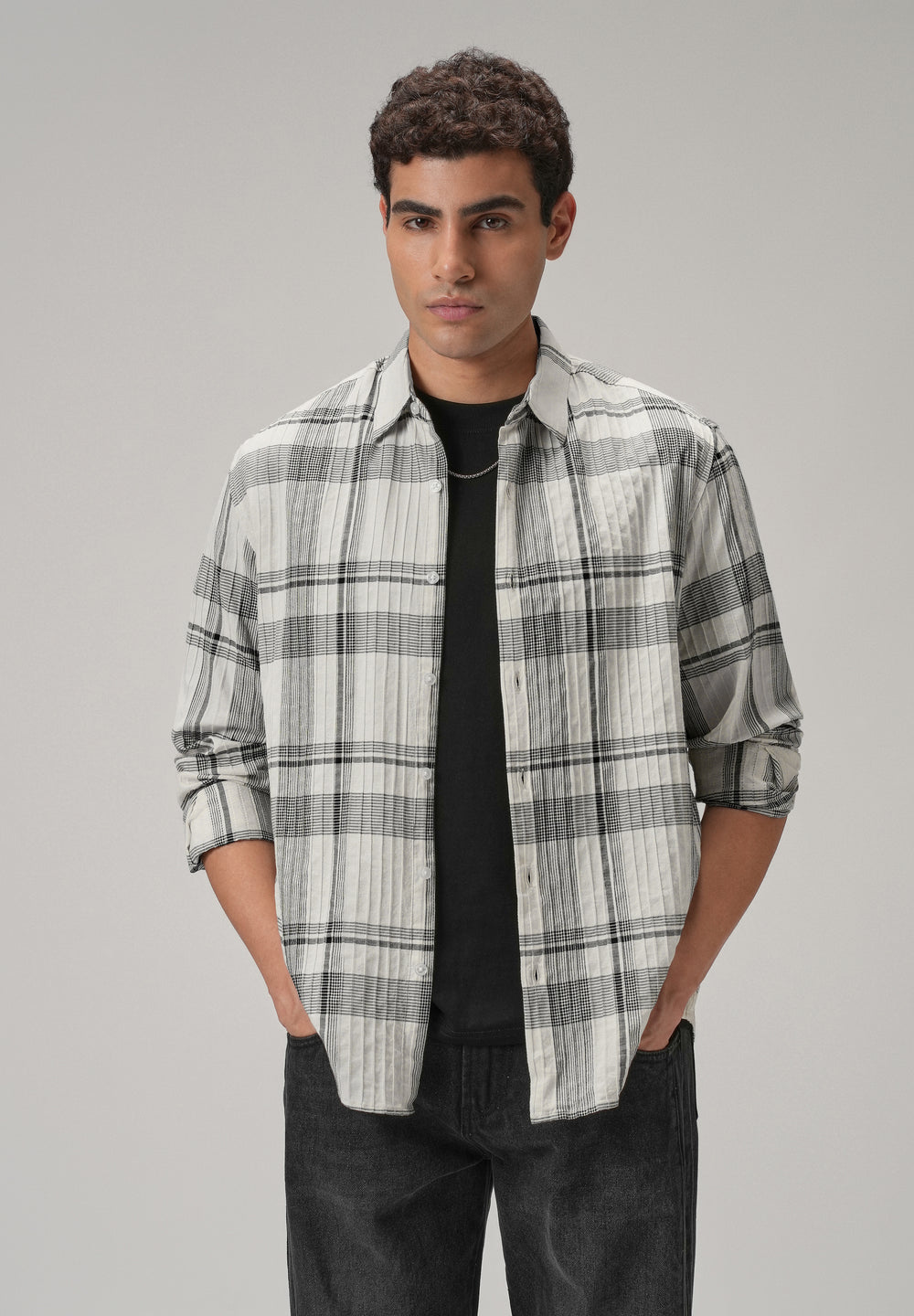 Self Pleat White Check Shirt