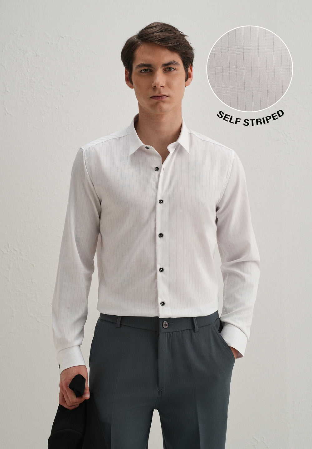 White Self Striped Plain Shirt