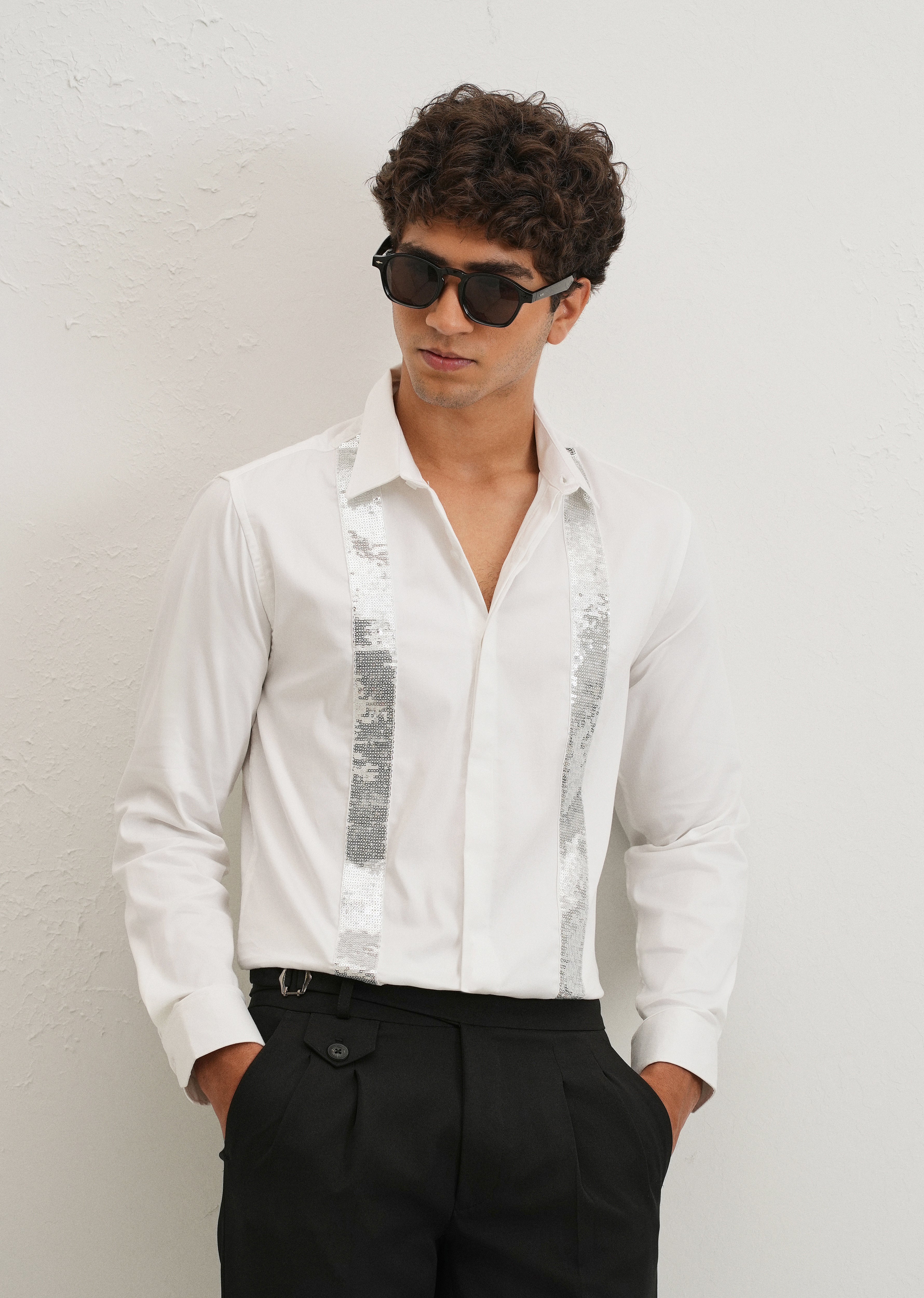 White Sequence Panel Designer Shirt