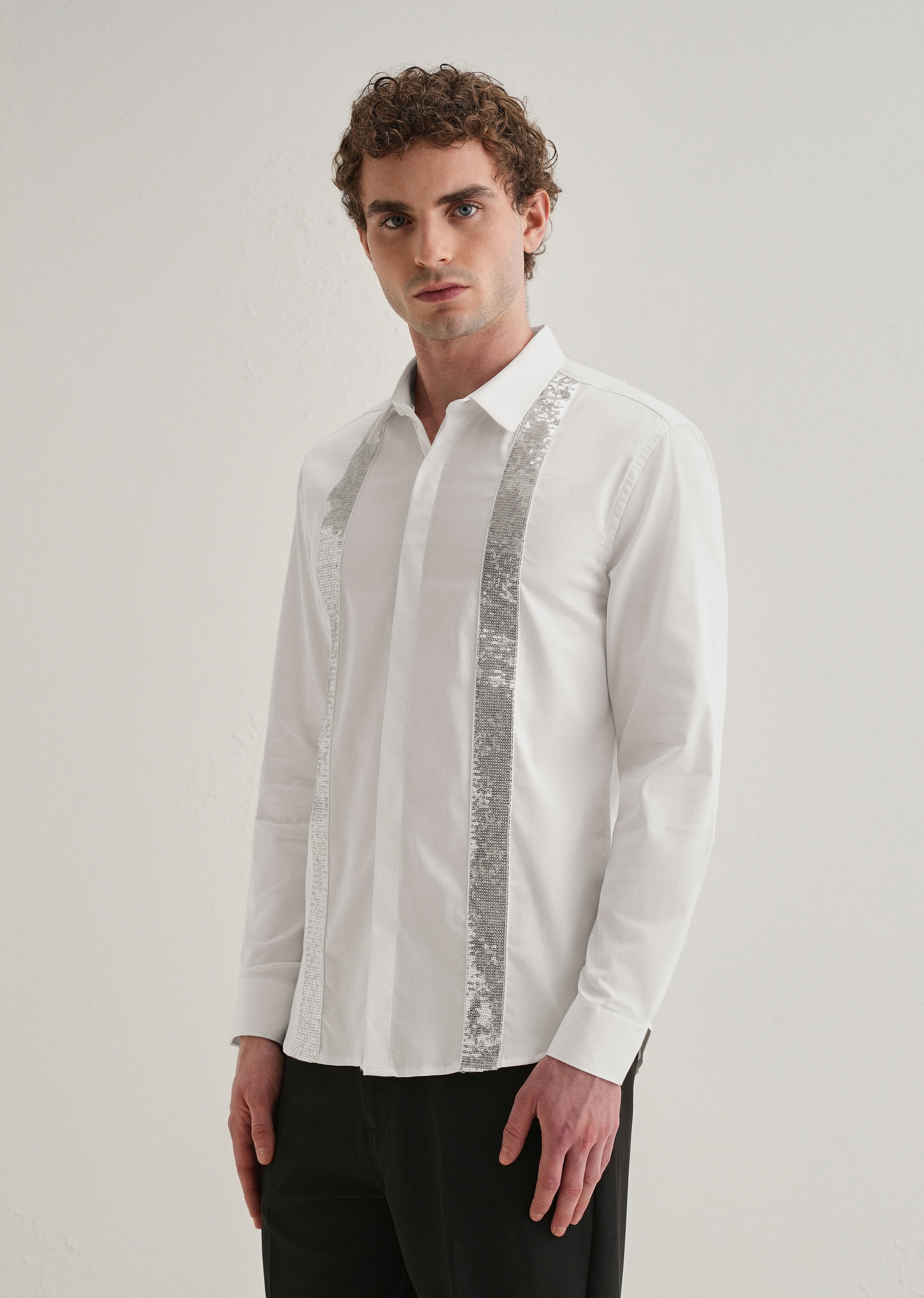 White Sequence Panel Designer Shirt