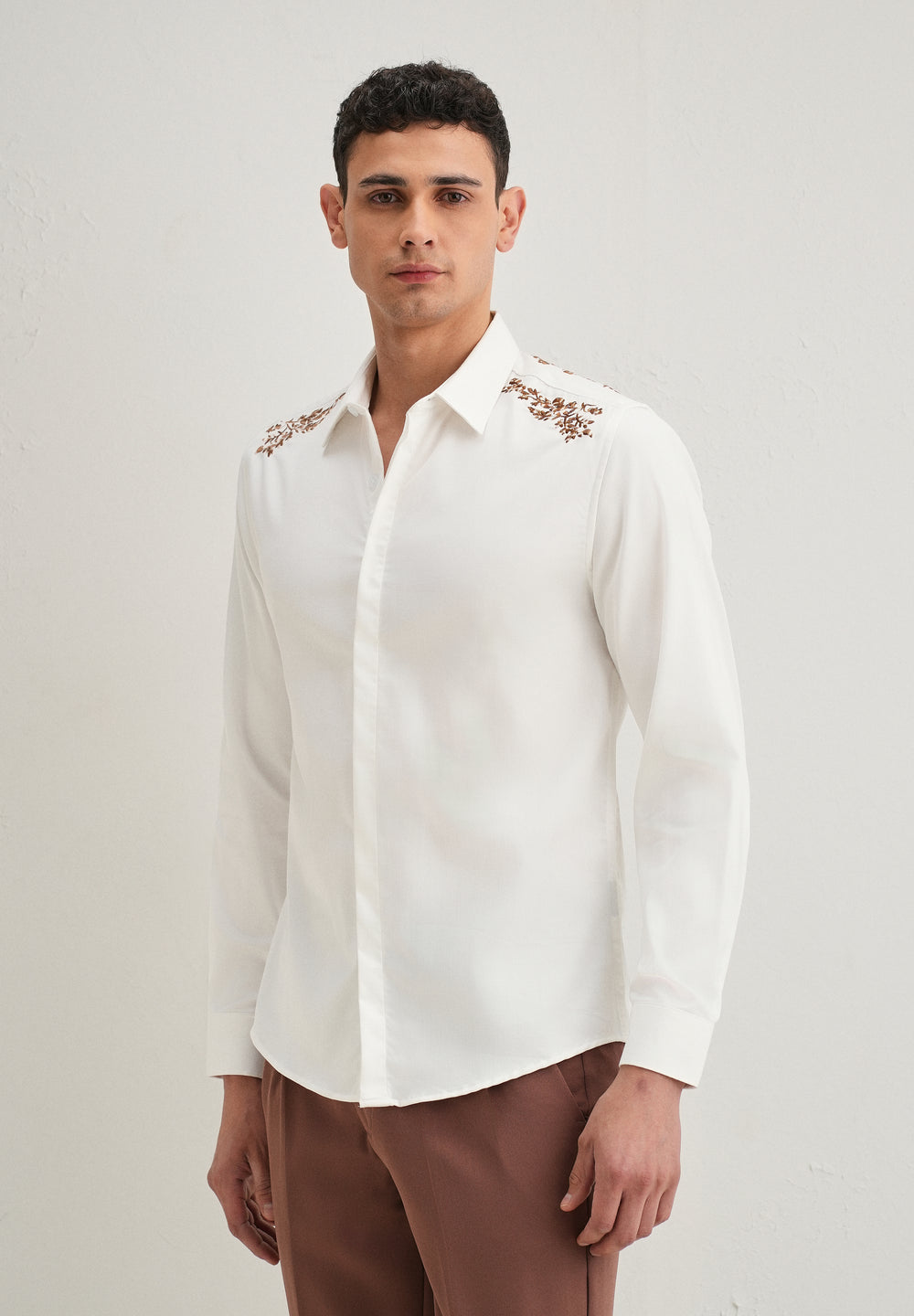 White Shoulder Embroidery Designer Shirt