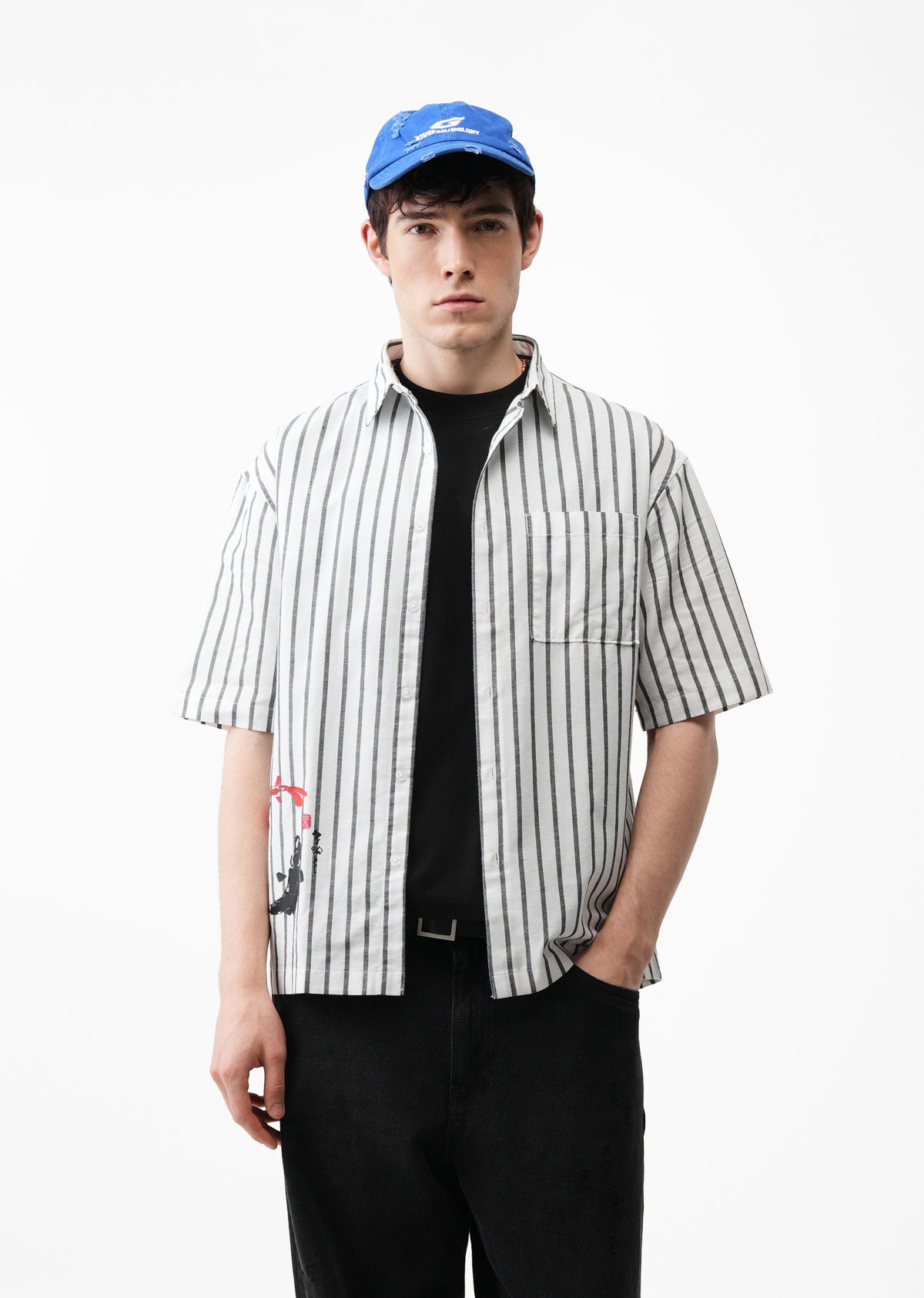 White Striped Graphic Boxy Shirt