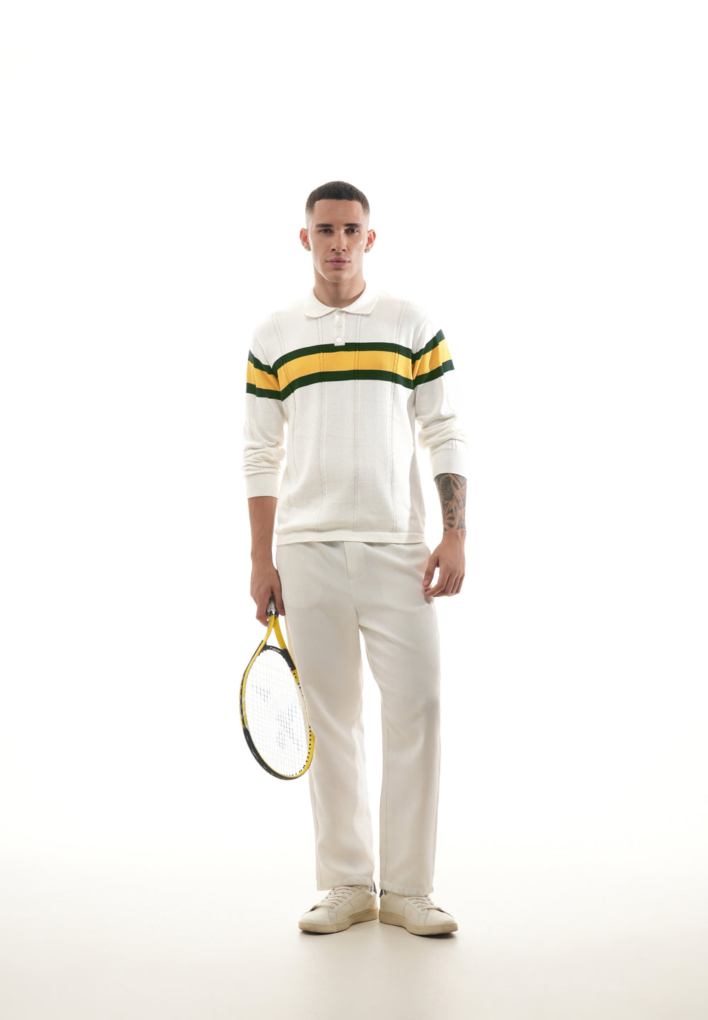White Striped Knit Polo T-Shirt