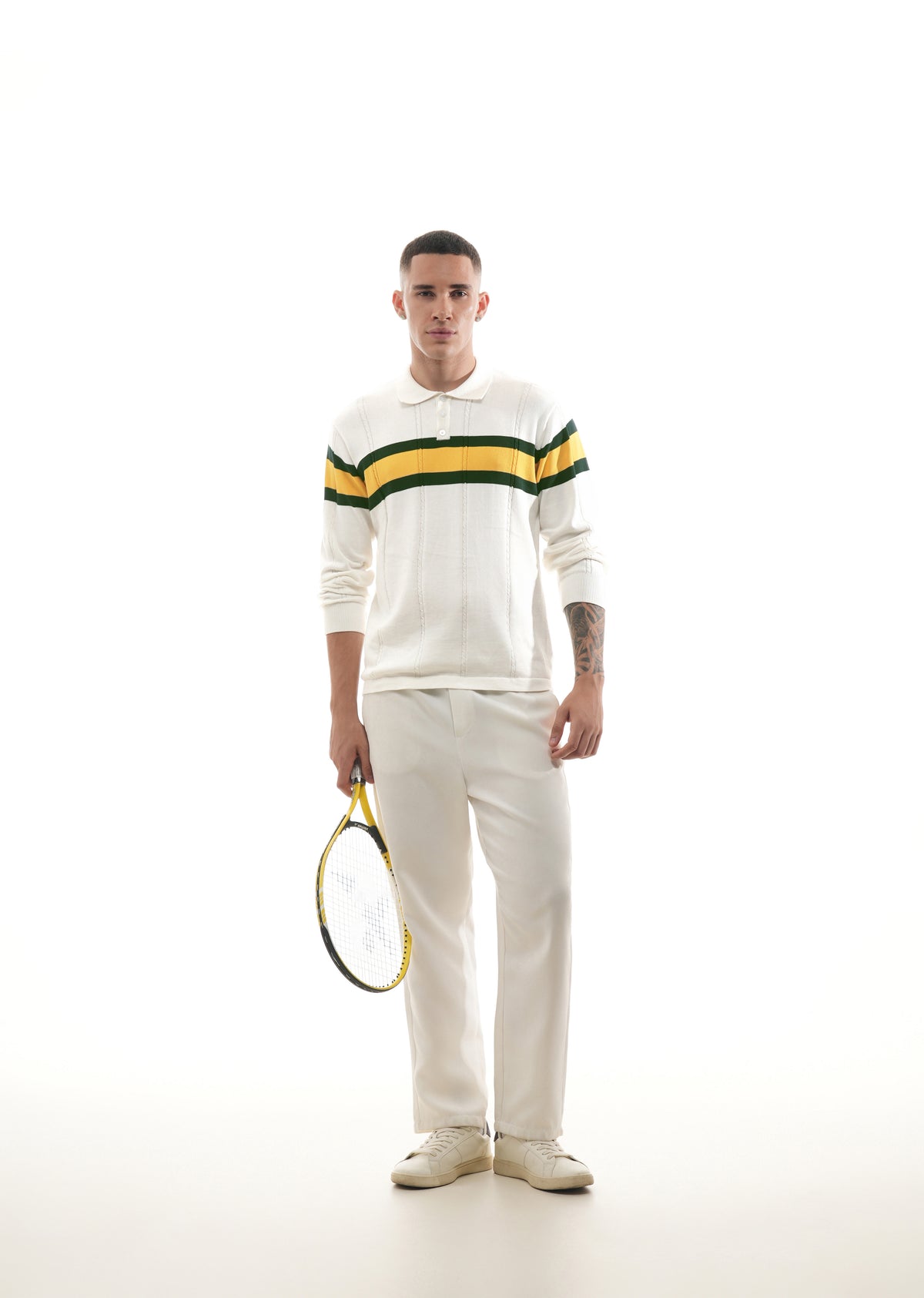 White Striped Knit Polo T-Shirt