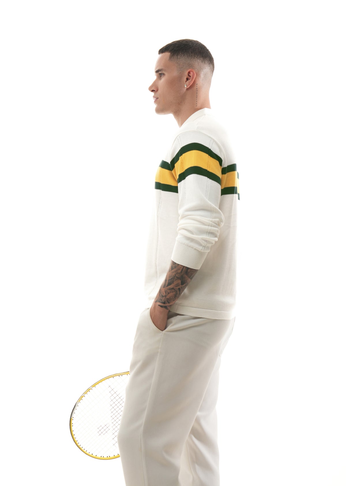 White Striped Knit Polo T-Shirt