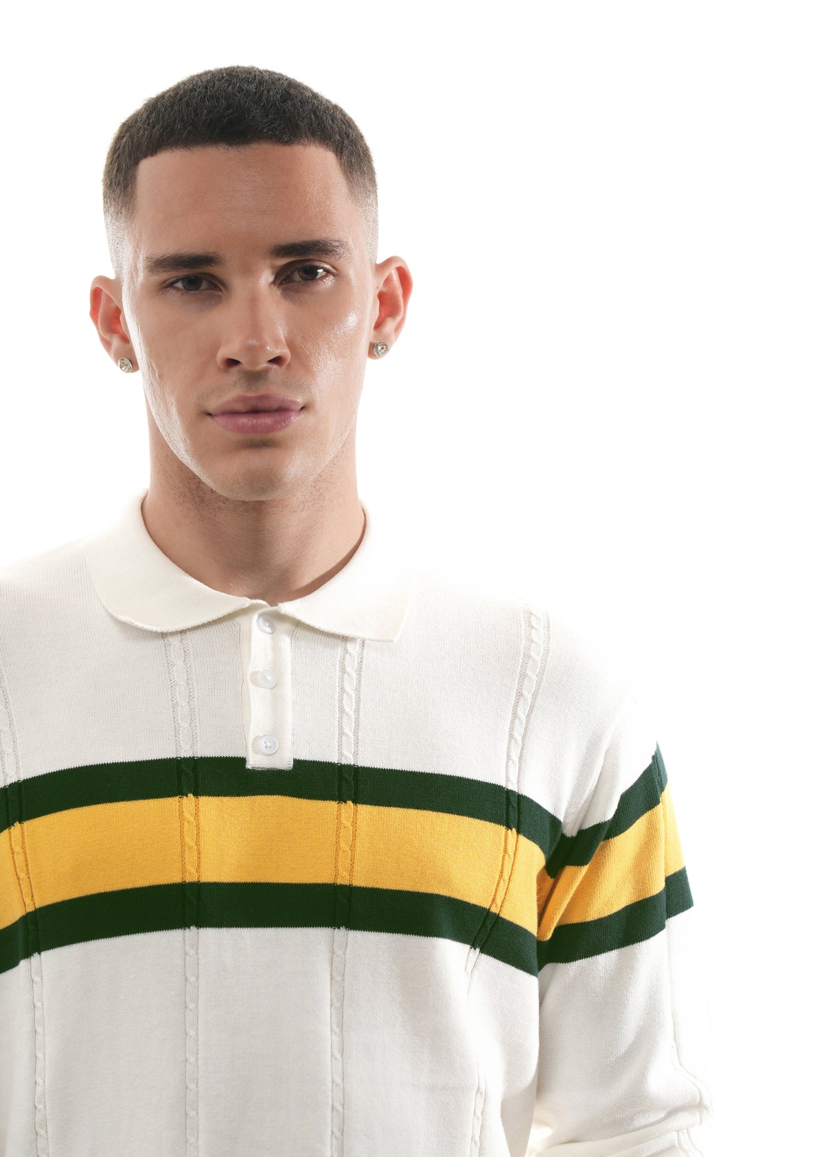 White Striped Knit Polo T-Shirt