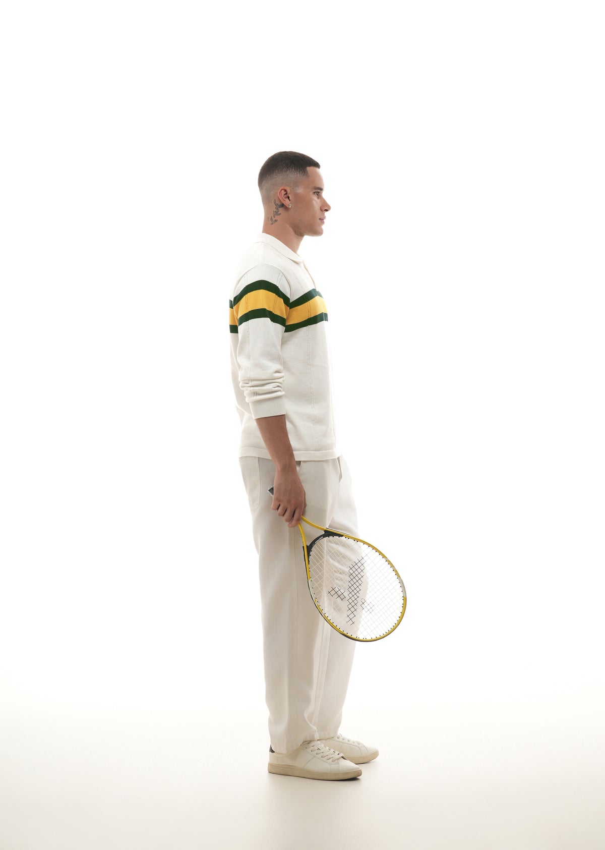 White Striped Knit Polo T-Shirt