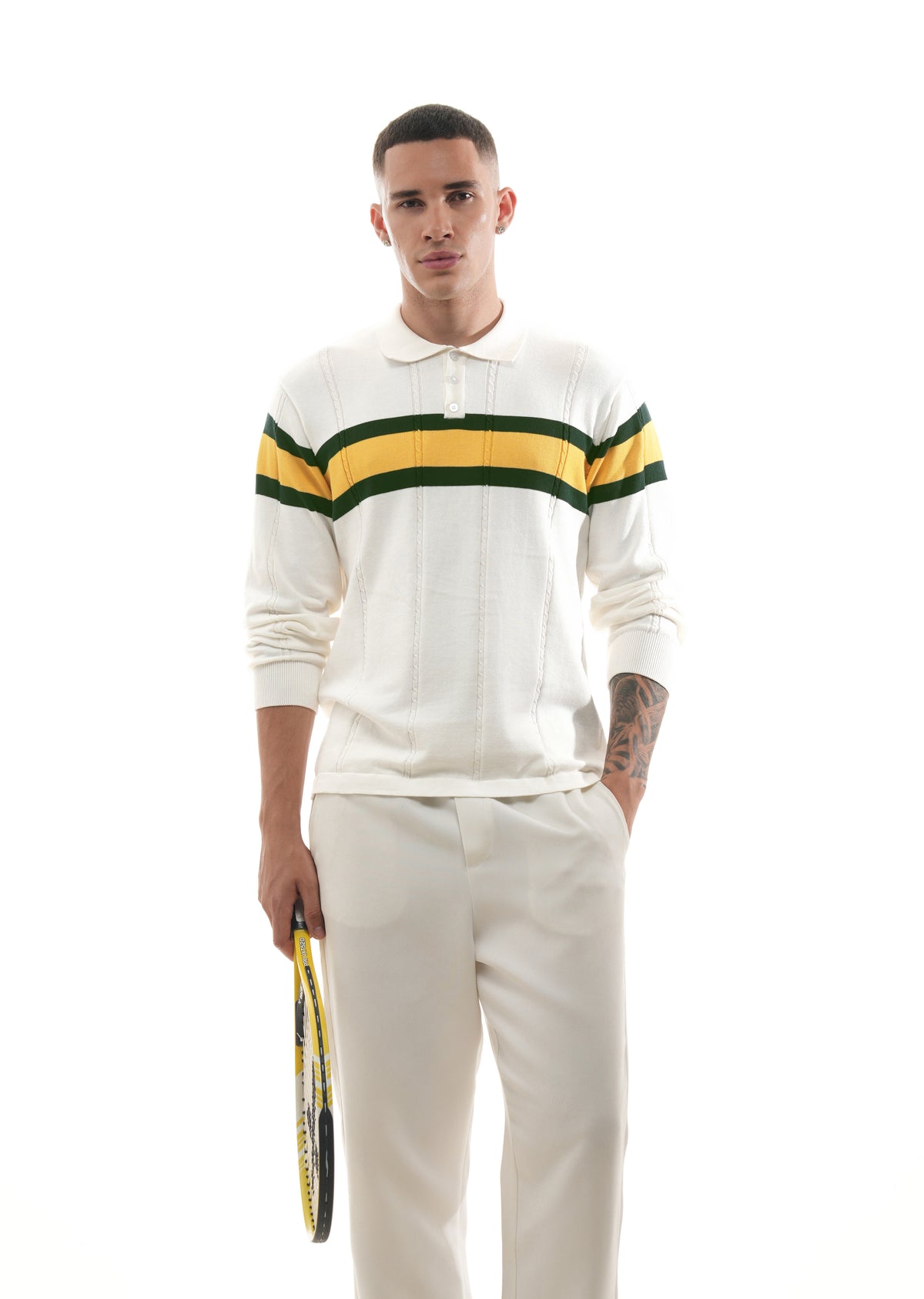 White Striped Knit Polo T-Shirt
