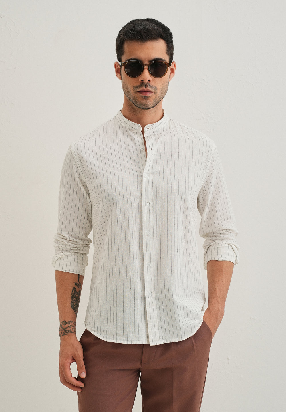 White Striped Mandarin Collar Cotton Shirt