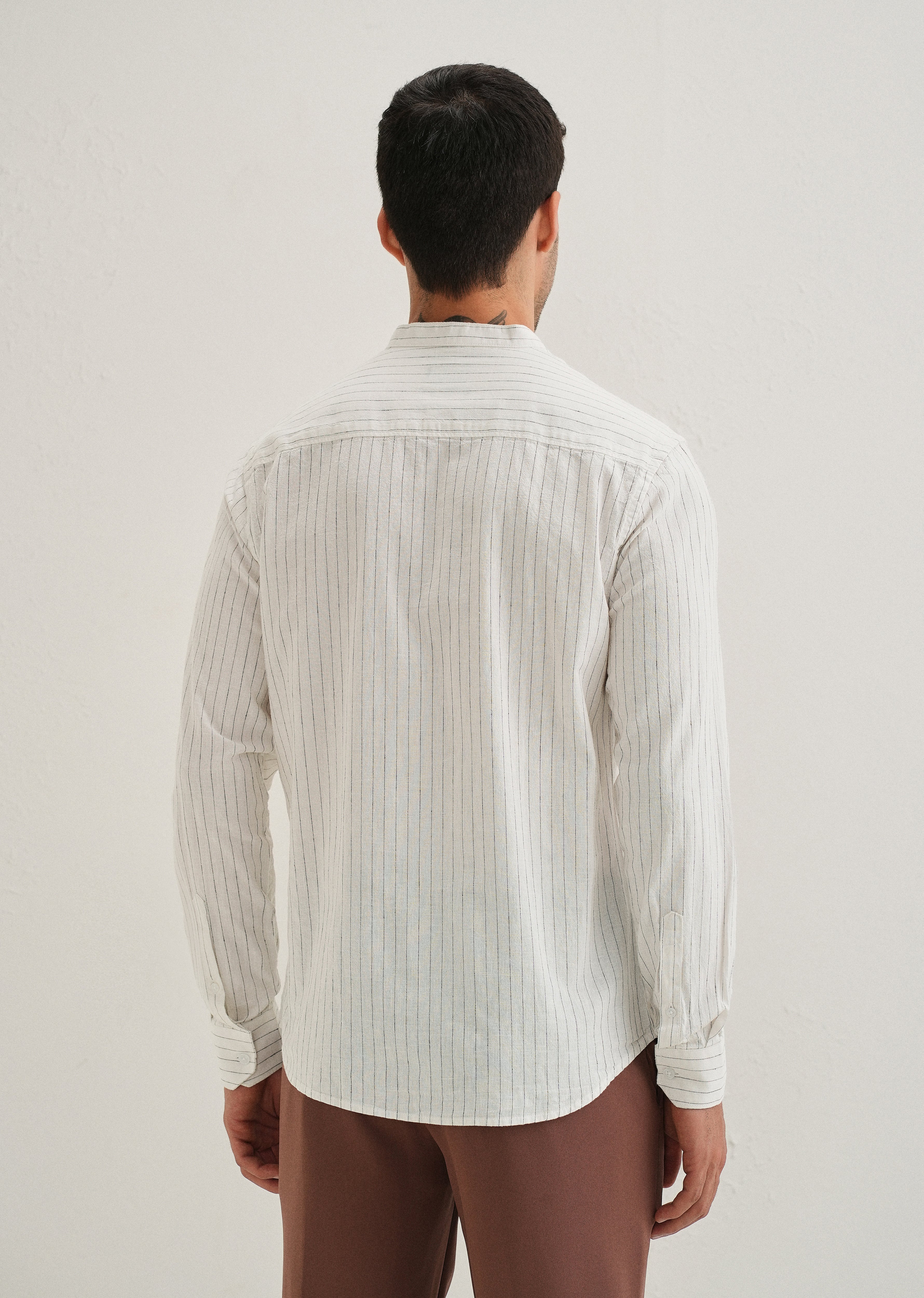 White Striped Mandarin Collar Cotton Shirt