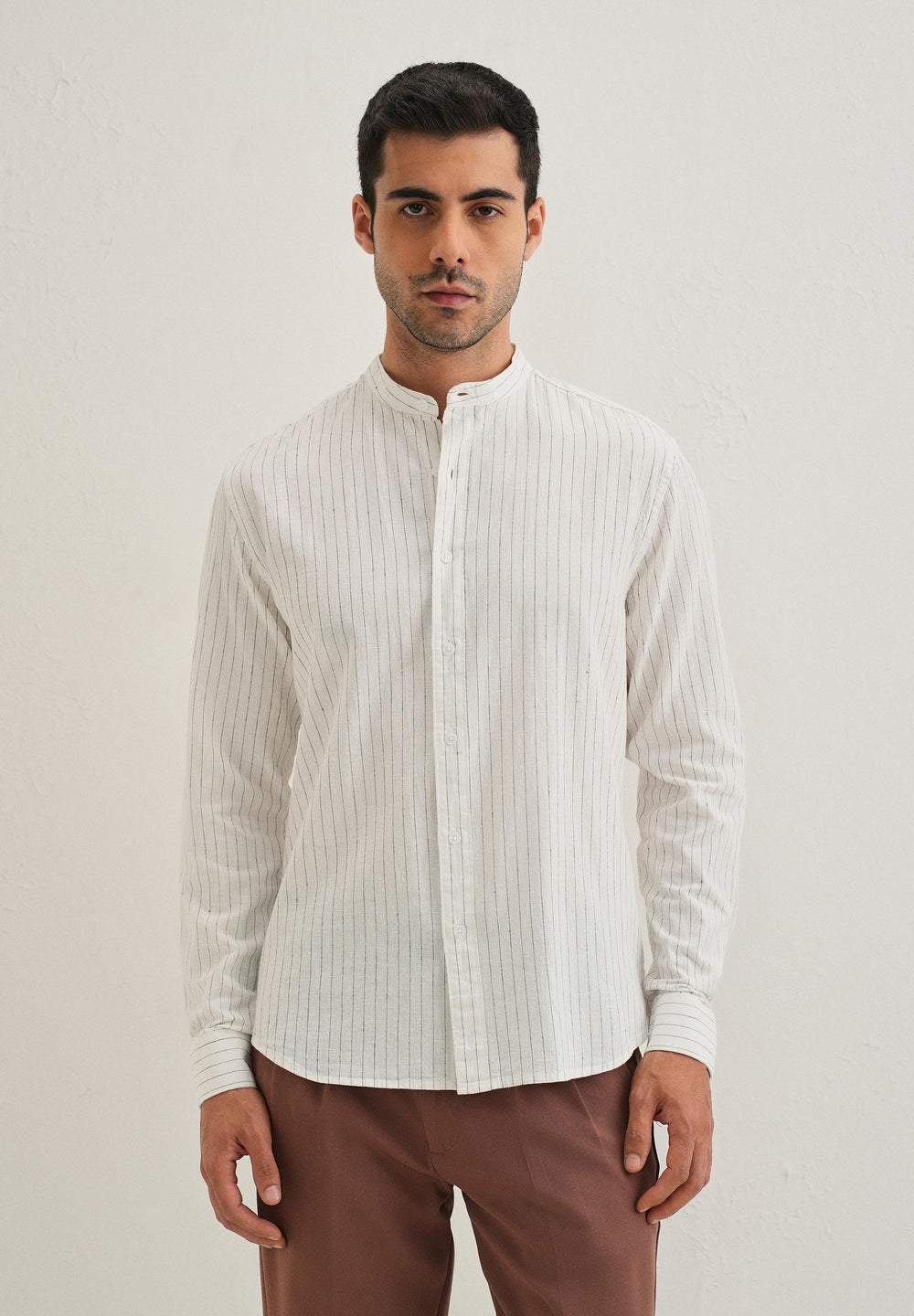 White Striped Mandarin Collar Cotton Shirt