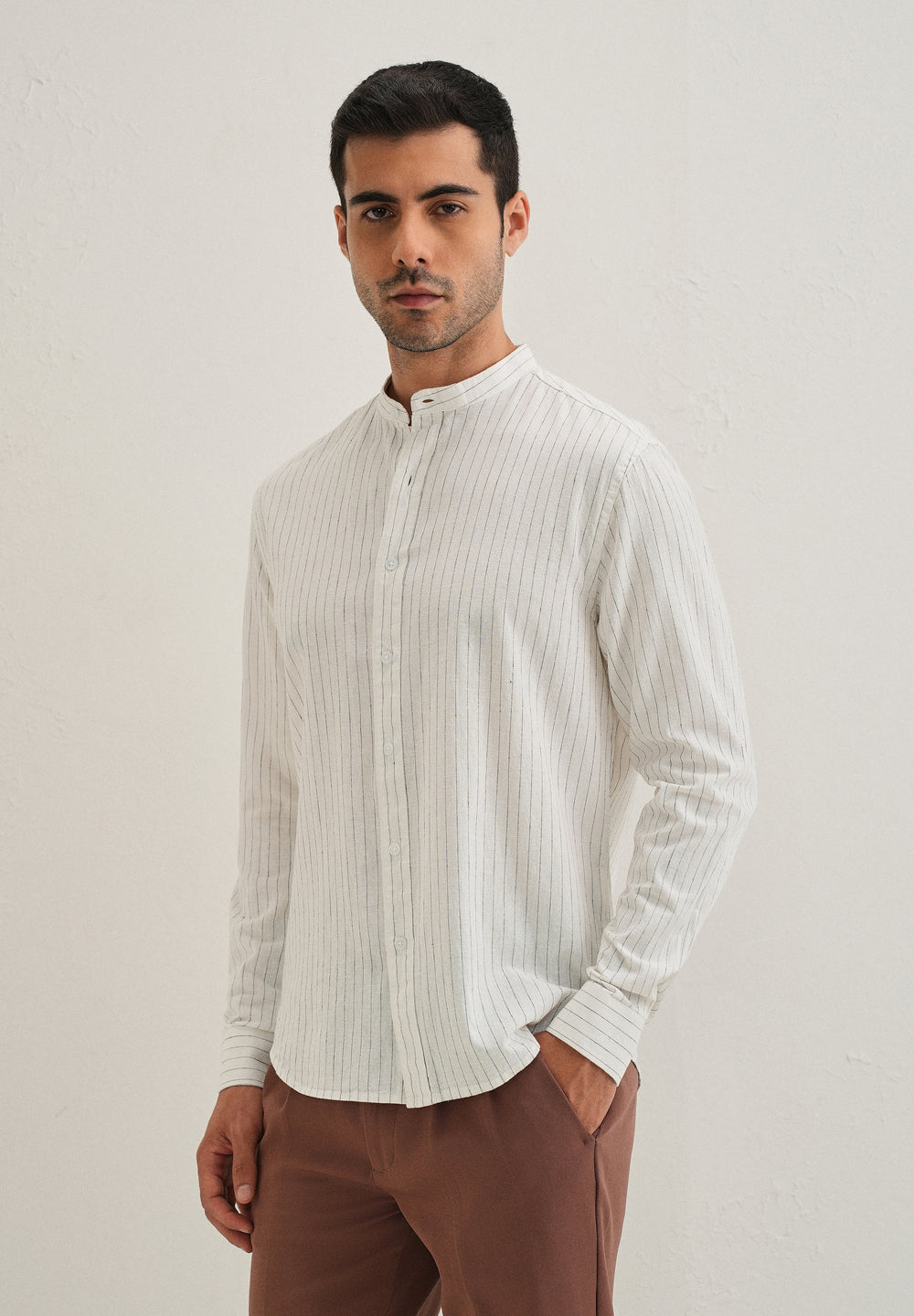 White Striped Mandarin Collar Cotton Shirt