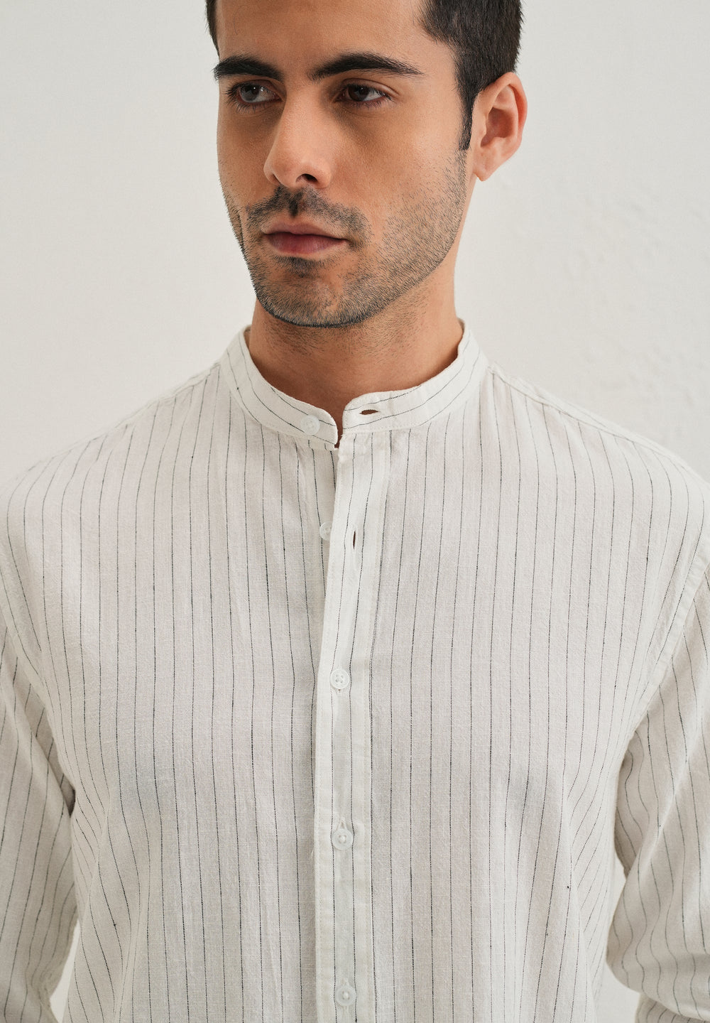 White Striped Mandarin Collar Cotton Shirt