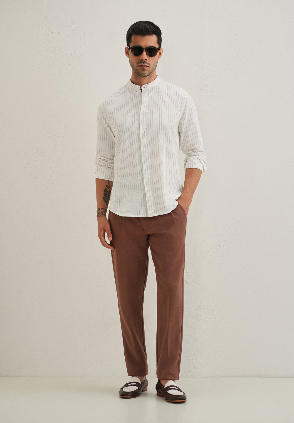White Striped Mandarin Collar Cotton Shirt