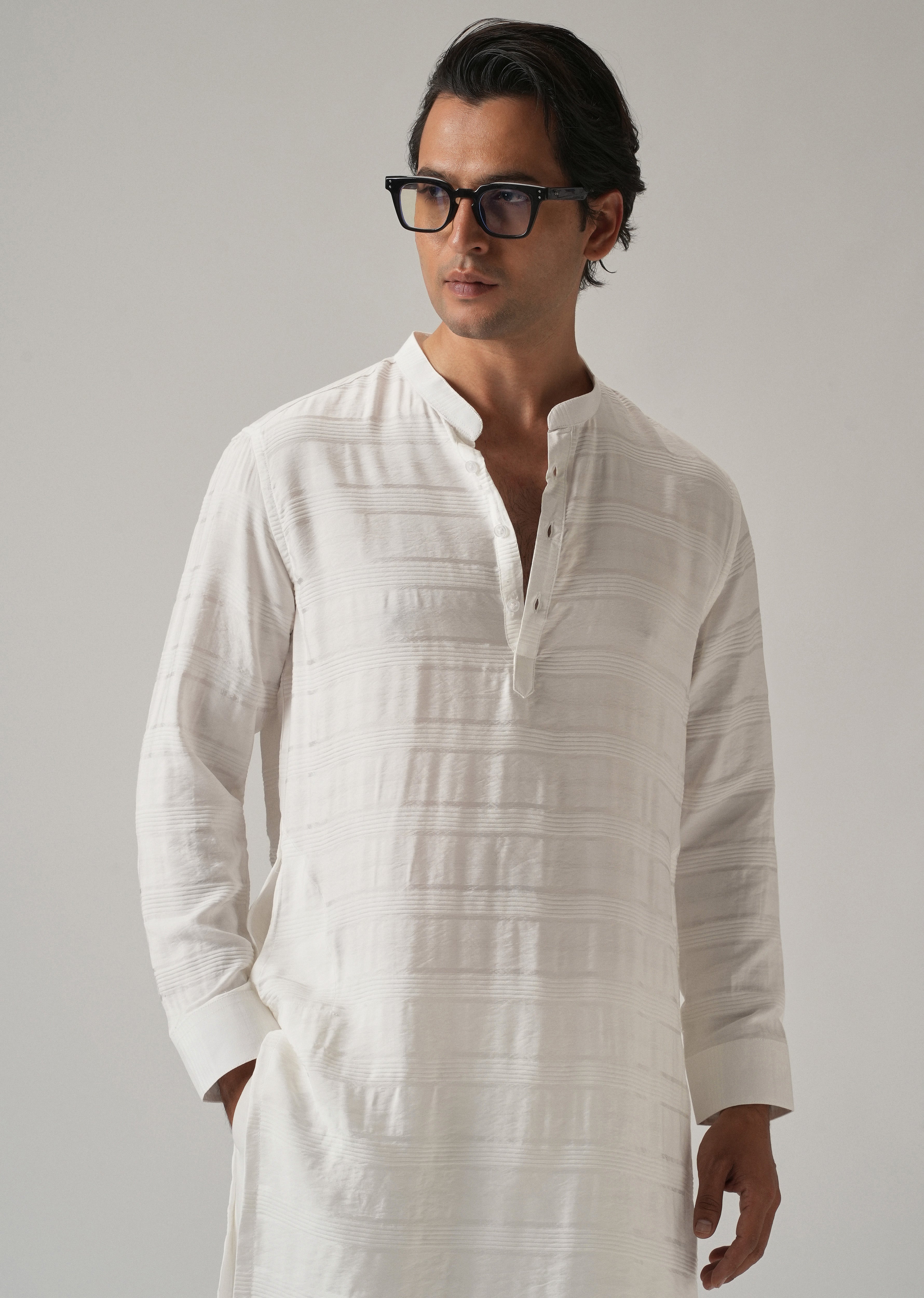 White Nylon Subtle Stripe Kurta