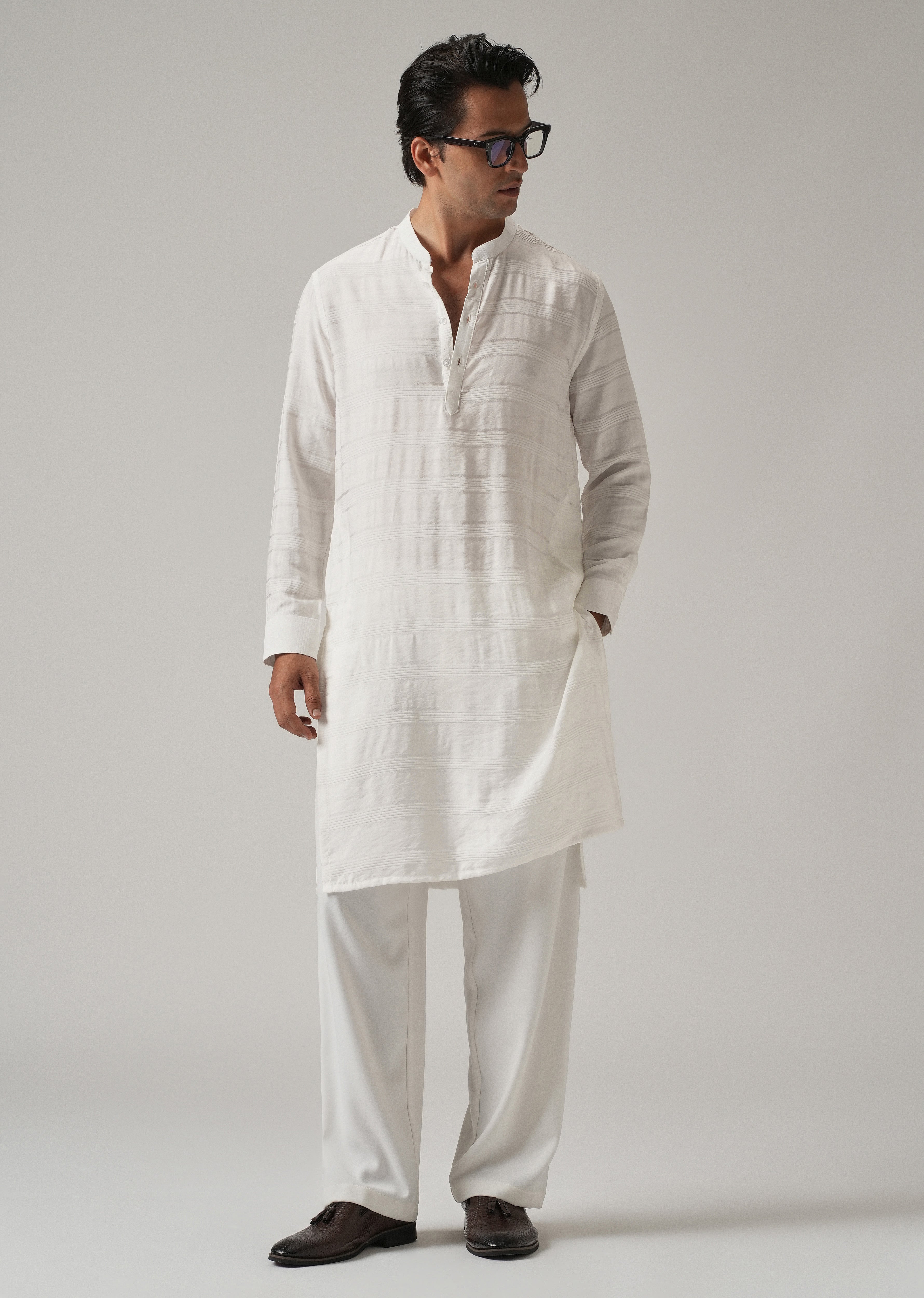 White Nylon Subtle Stripe Kurta