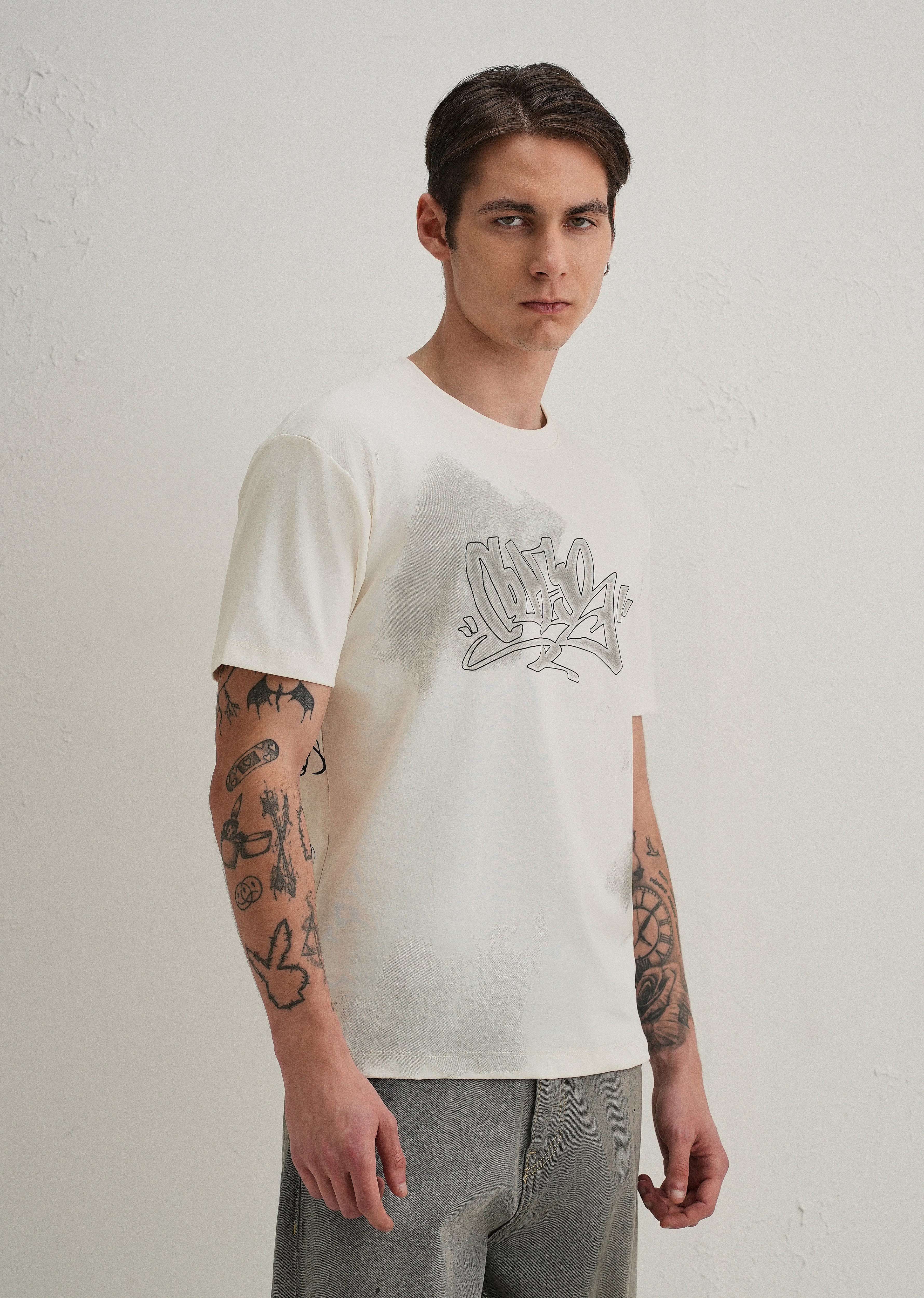 White Textured Back Print T-Shirt