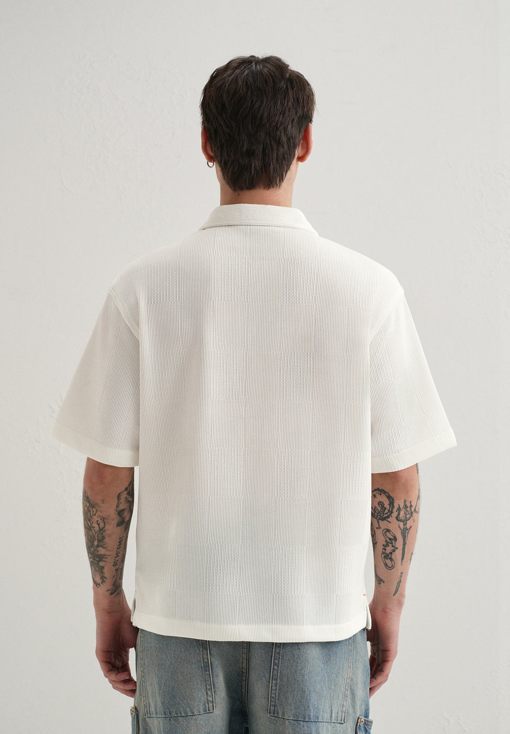 White Textured Check Knit Shirt