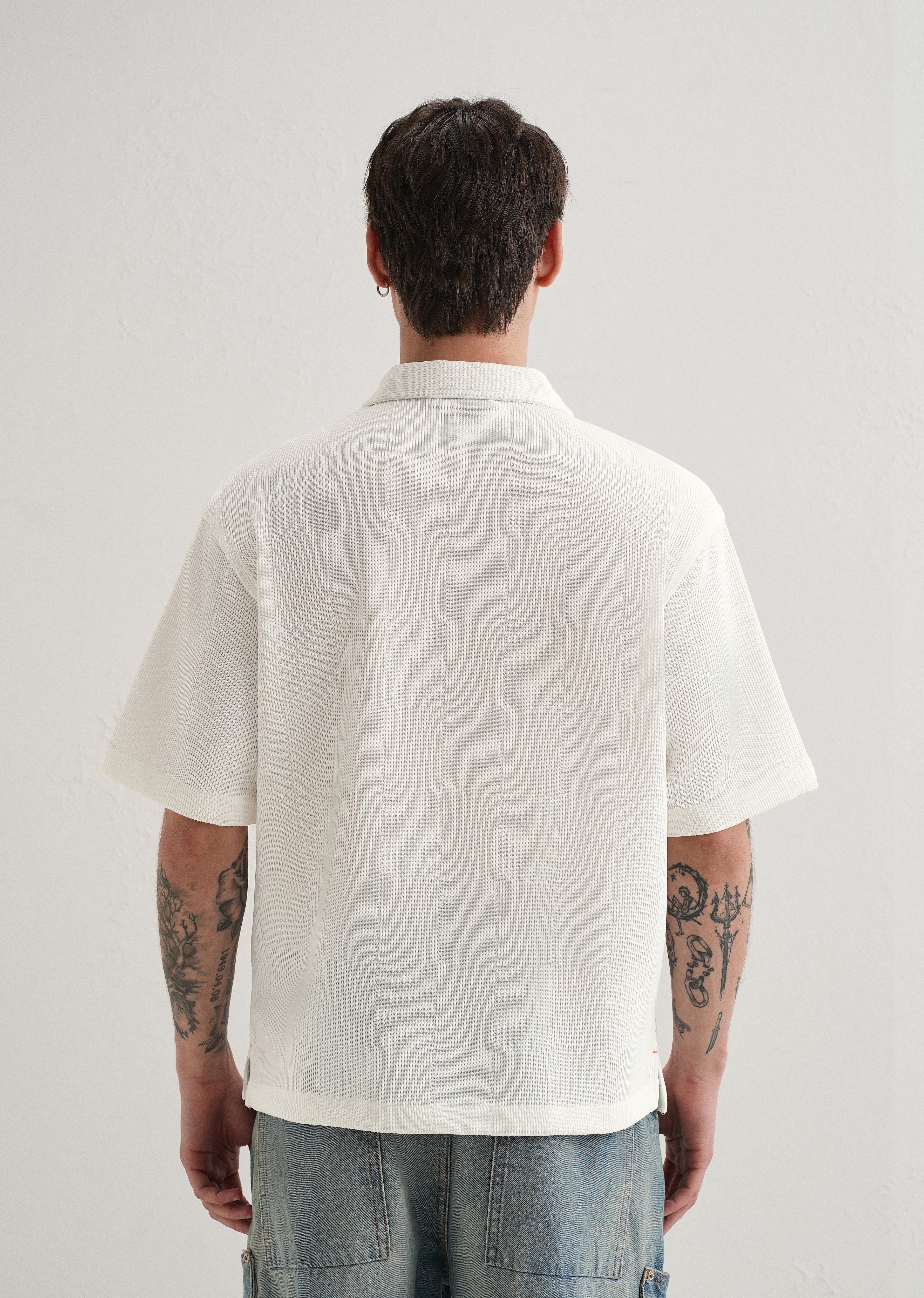 White Textured Check Knit Shirt