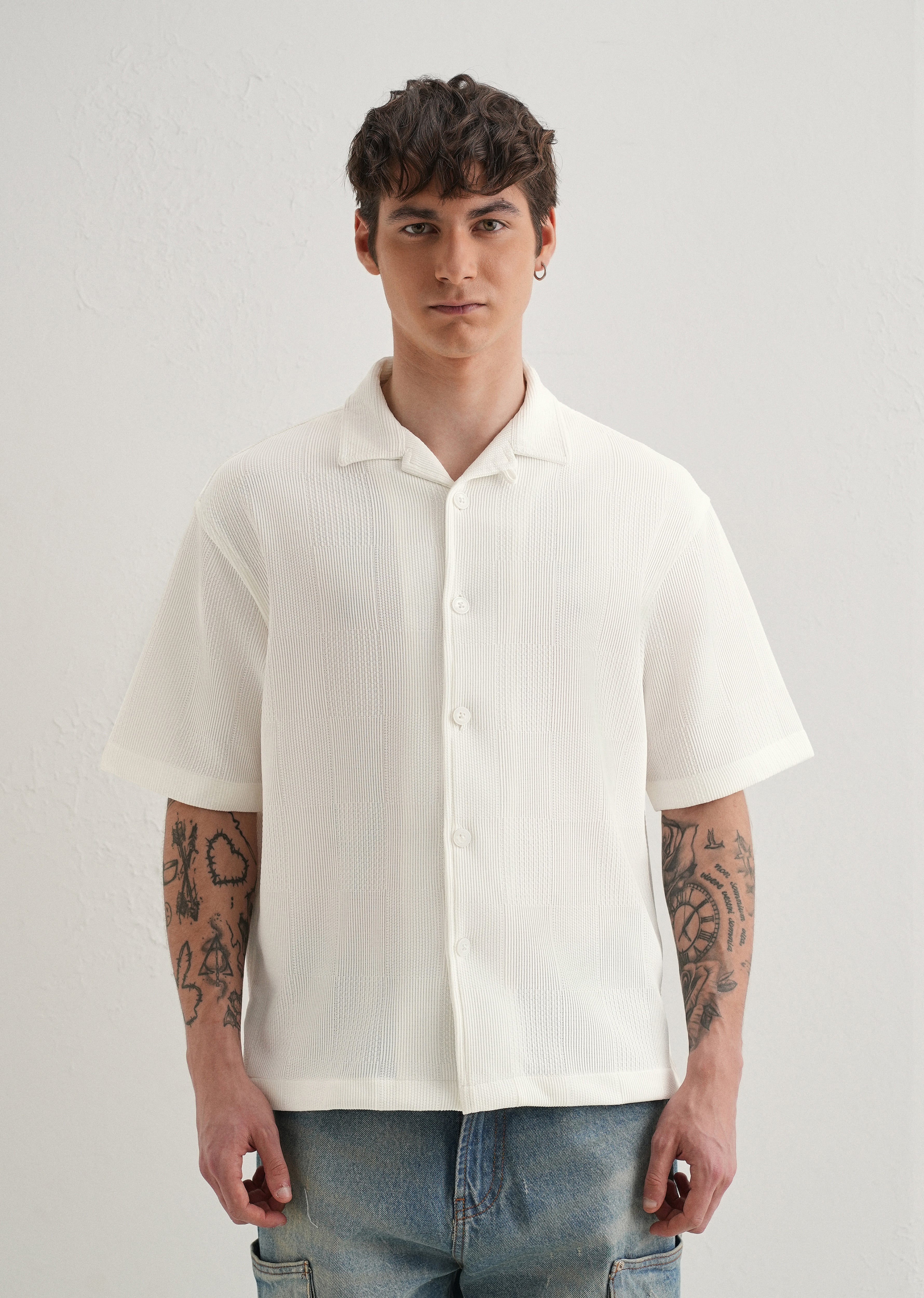 White Textured Check Knit Shirt