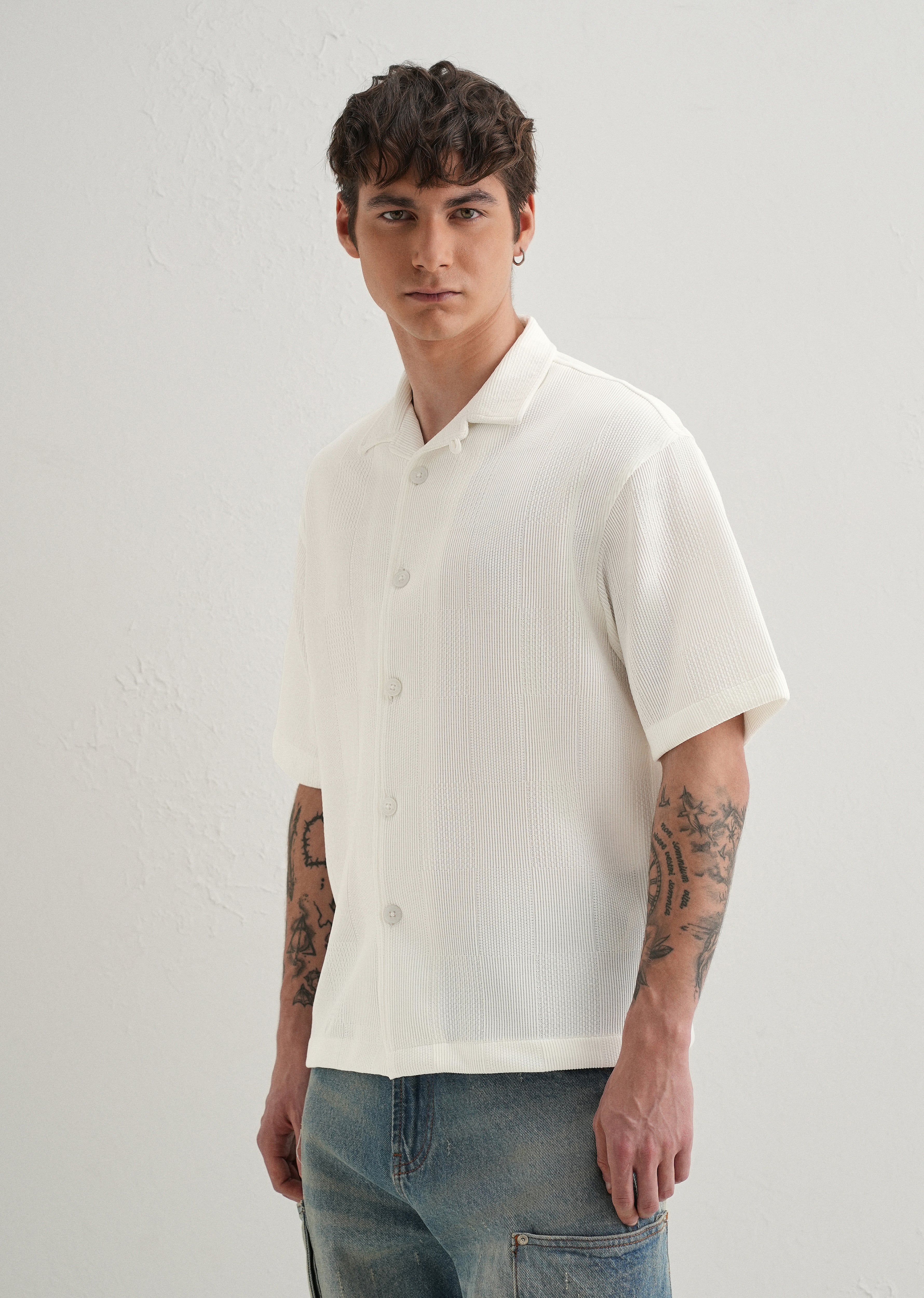 White Textured Check Knit Shirt