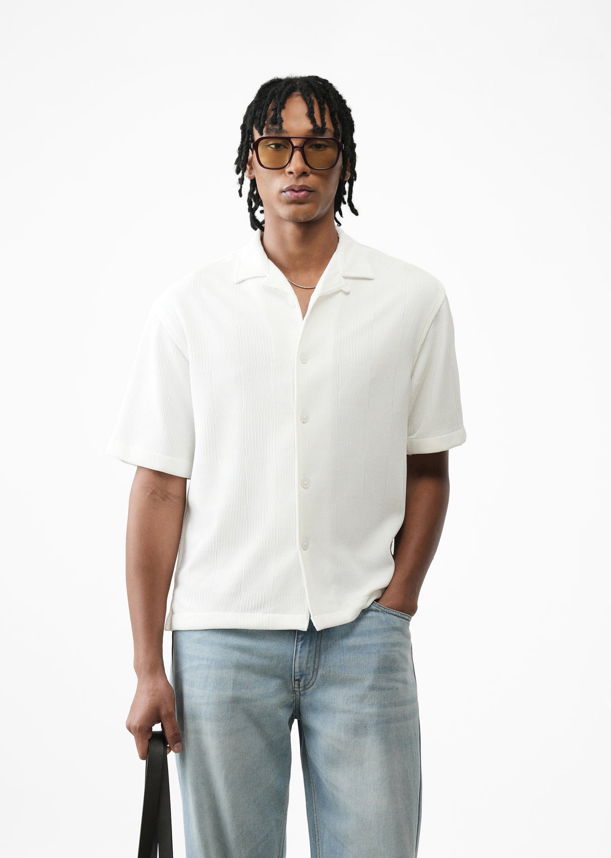 White Textured Check Knit Shirt