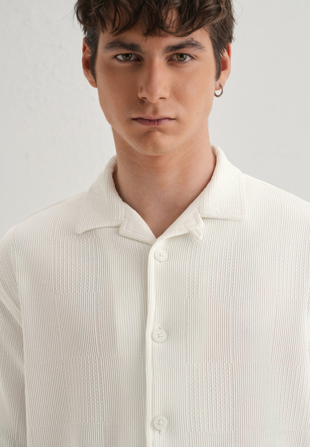 White Textured Check Knit Shirt