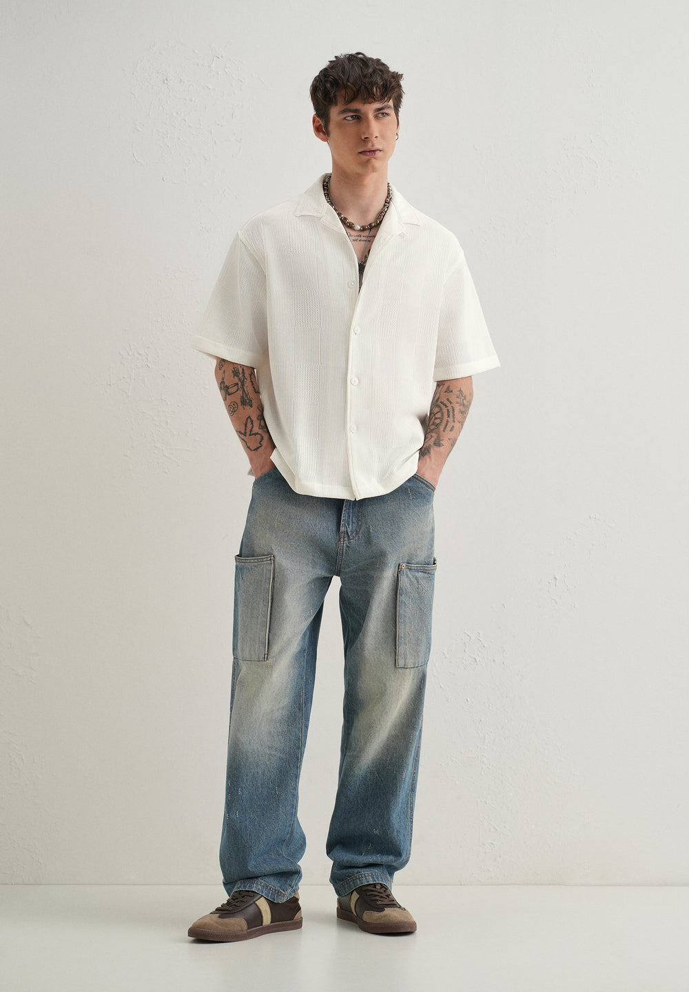 White Textured Check Knit Shirt