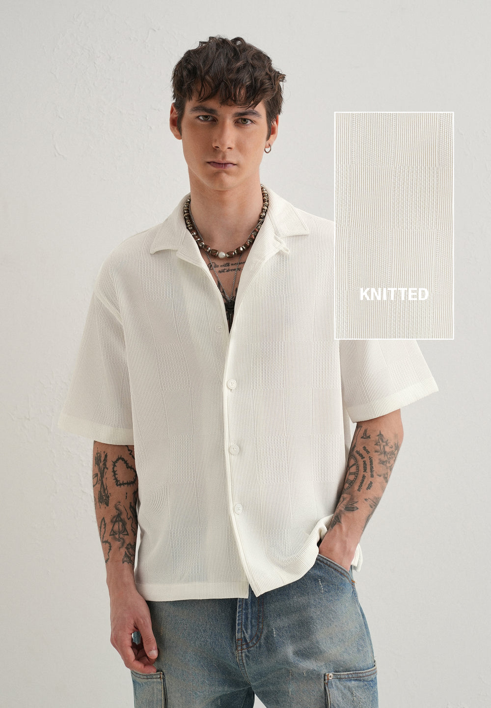 White Textured Check Knit Shirt