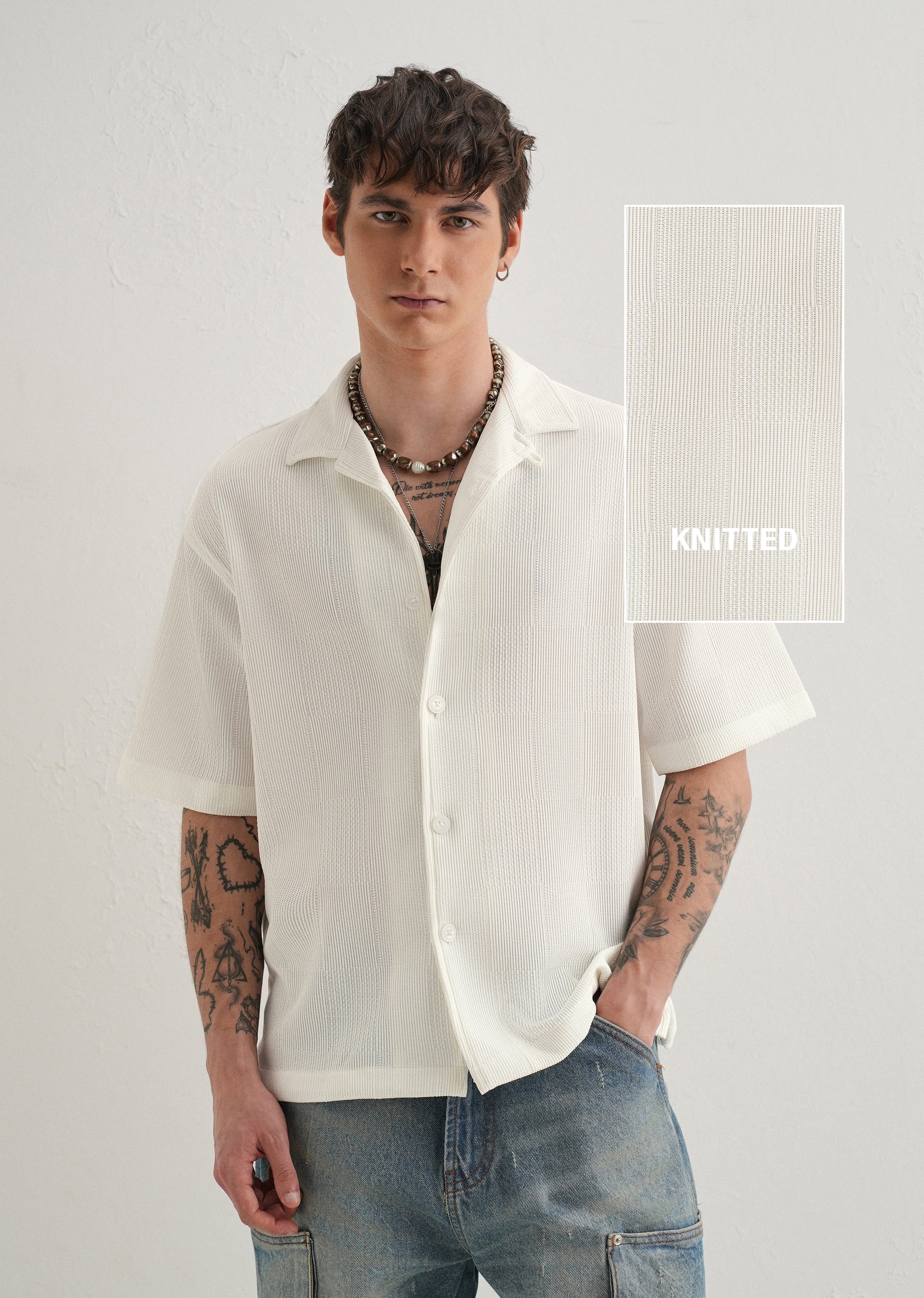 White Textured Check Knit Shirt