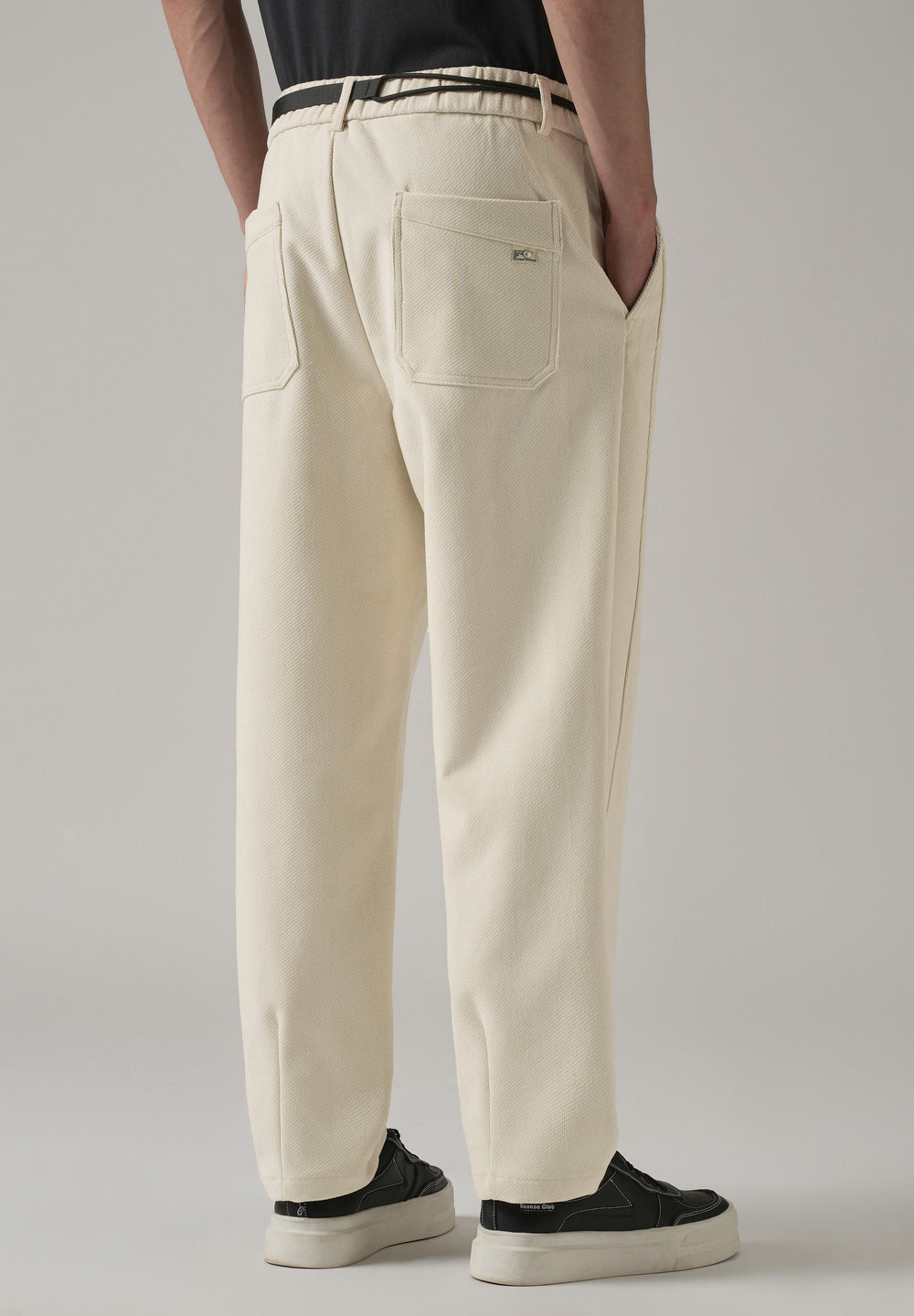 White Textured Corduroy Belt Pant