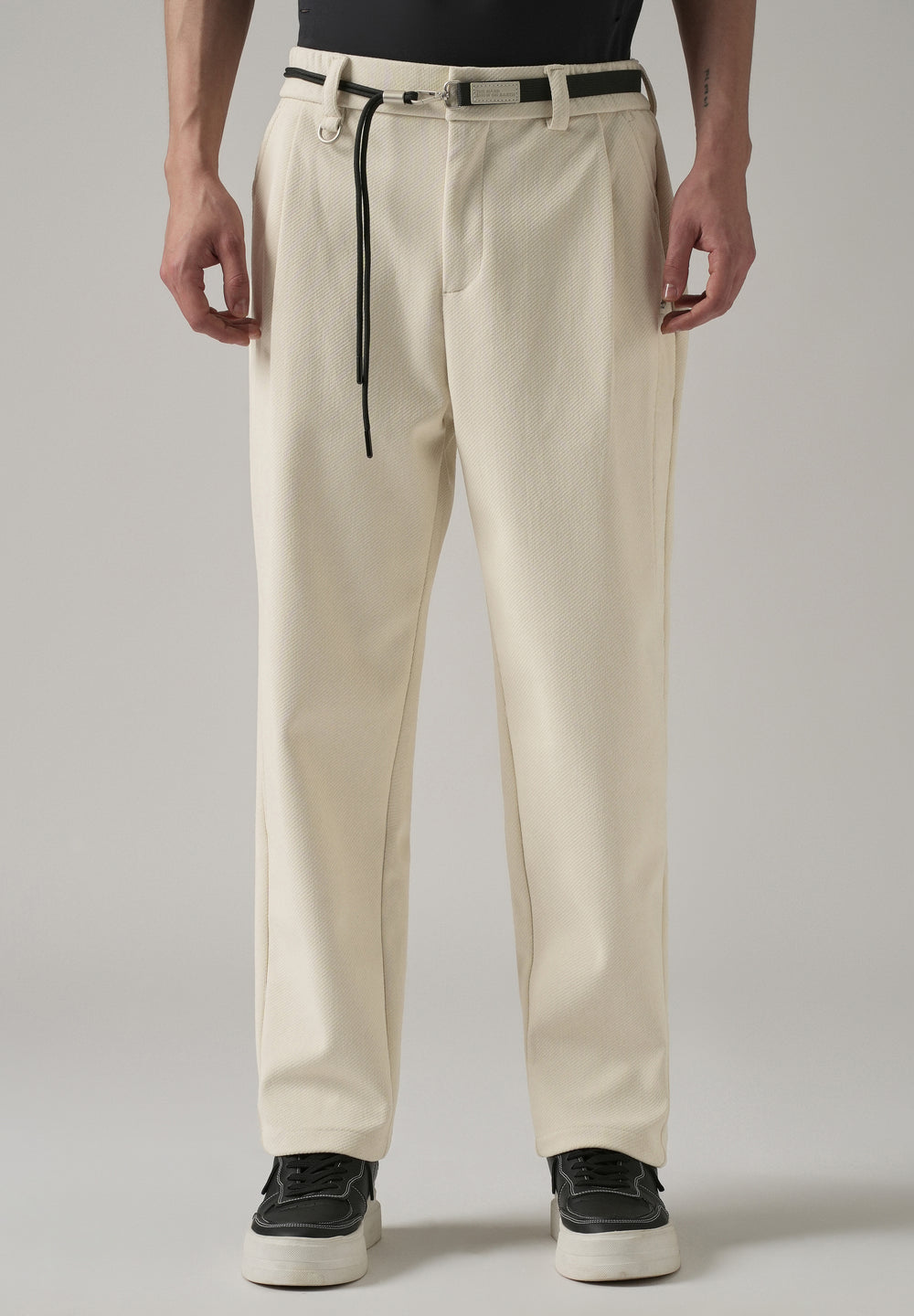 White Textured Corduroy Belt Pant