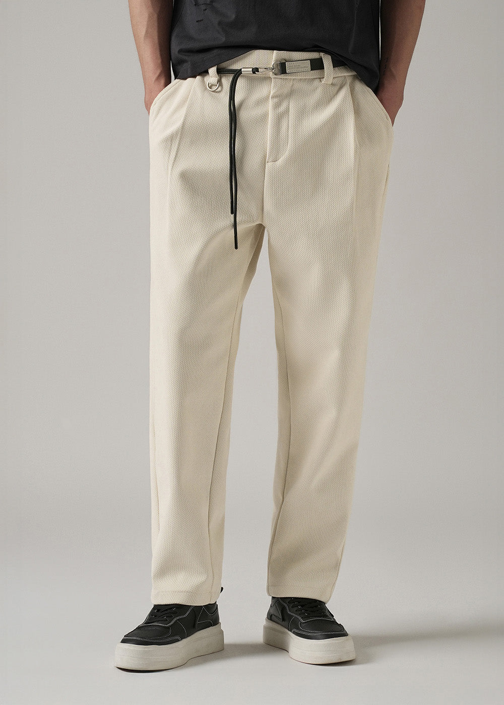 White Textured Corduroy Belt Pant