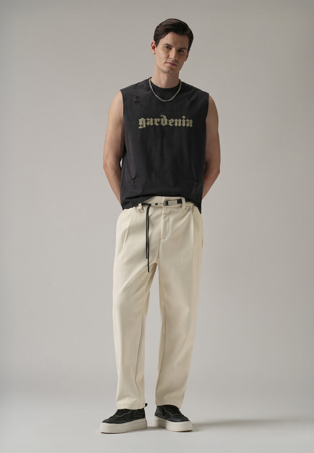 White Textured Corduroy Belt Pant