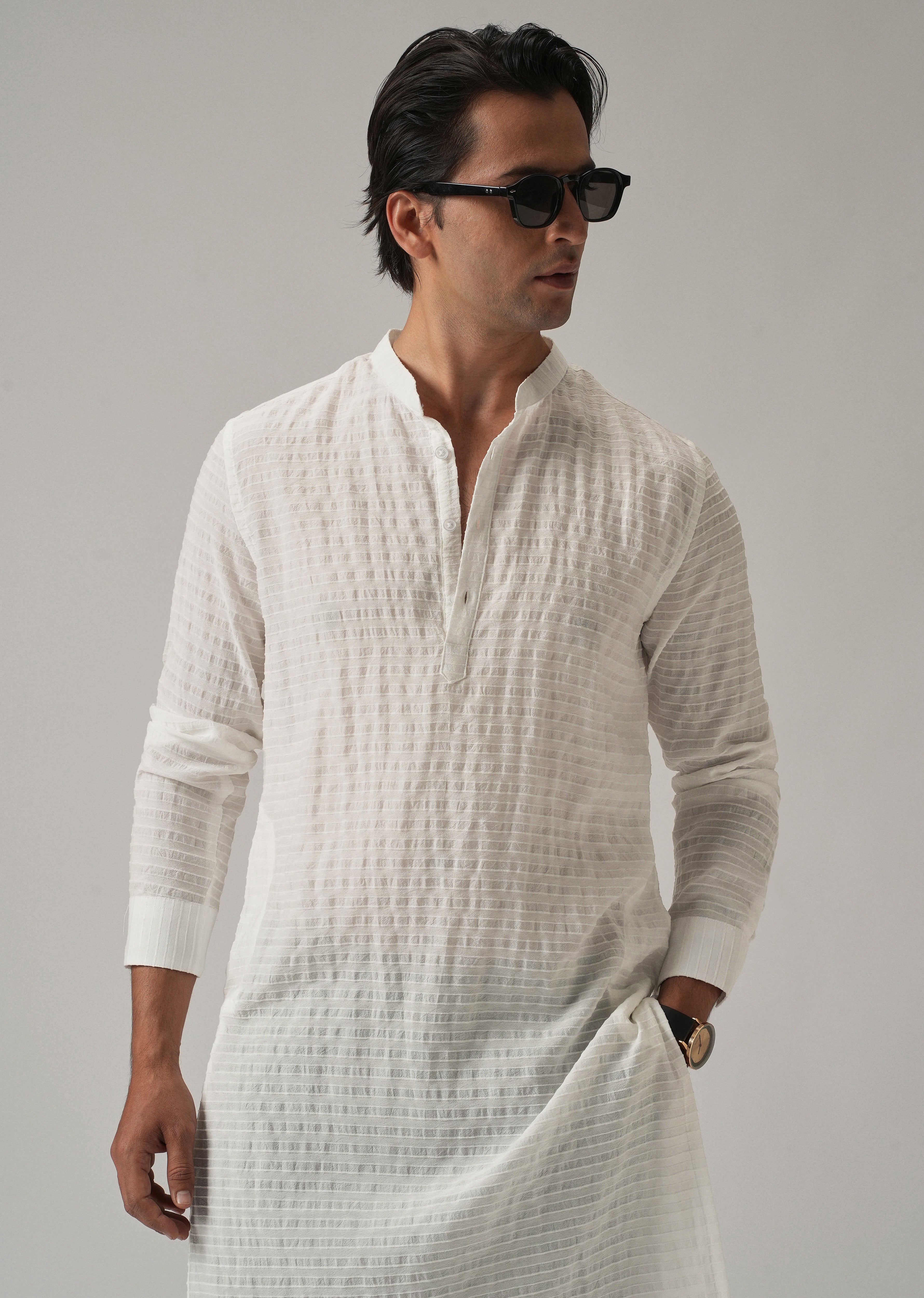 White Nylon Pin Stripe Kurta