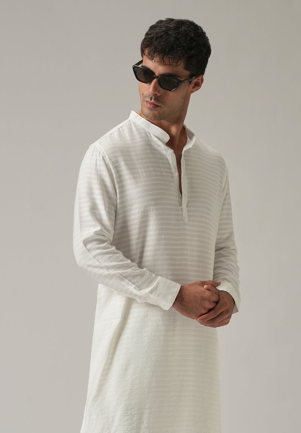 White Nylon Self Stripe Kurta