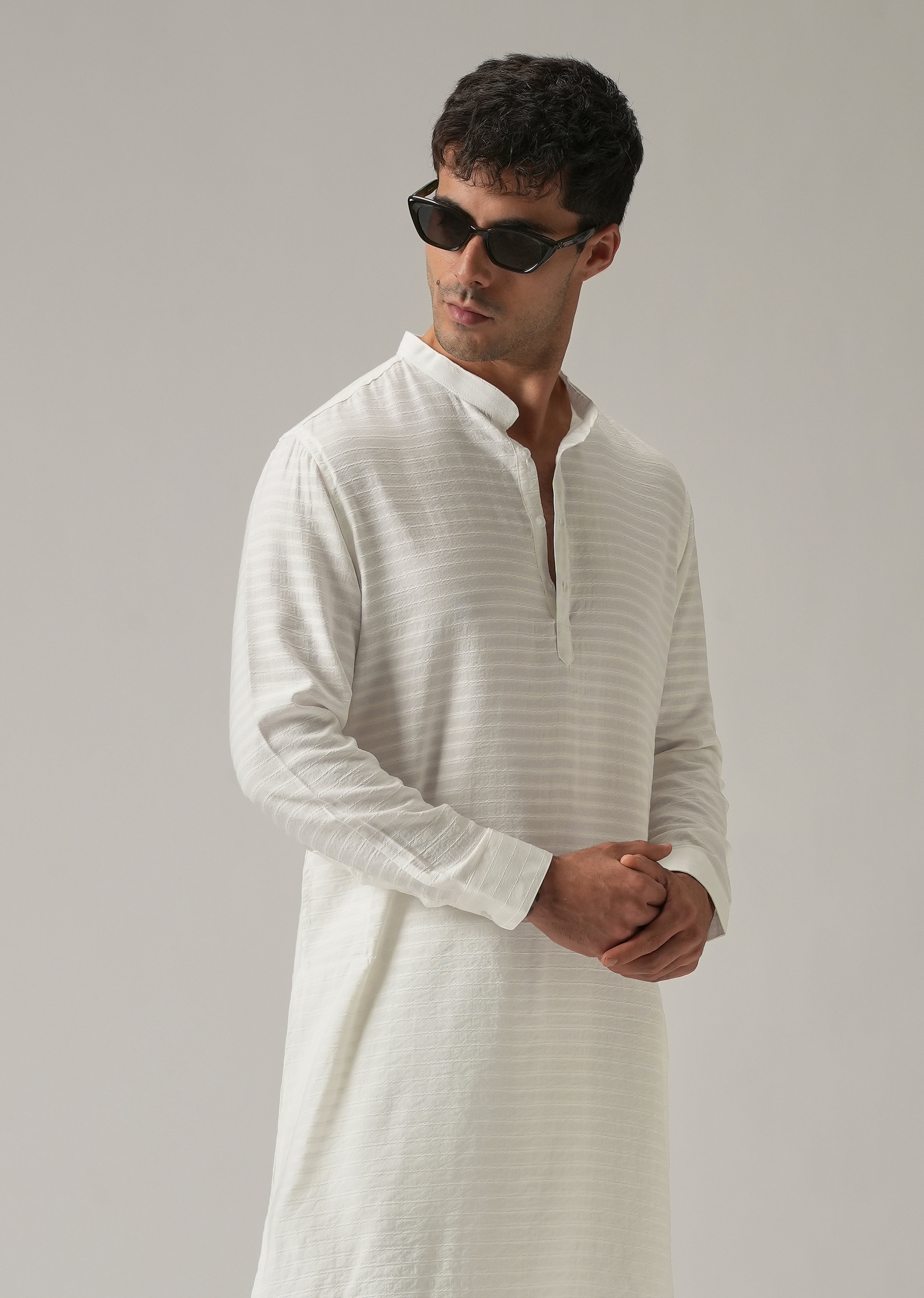 White Nylon Self Stripe Kurta