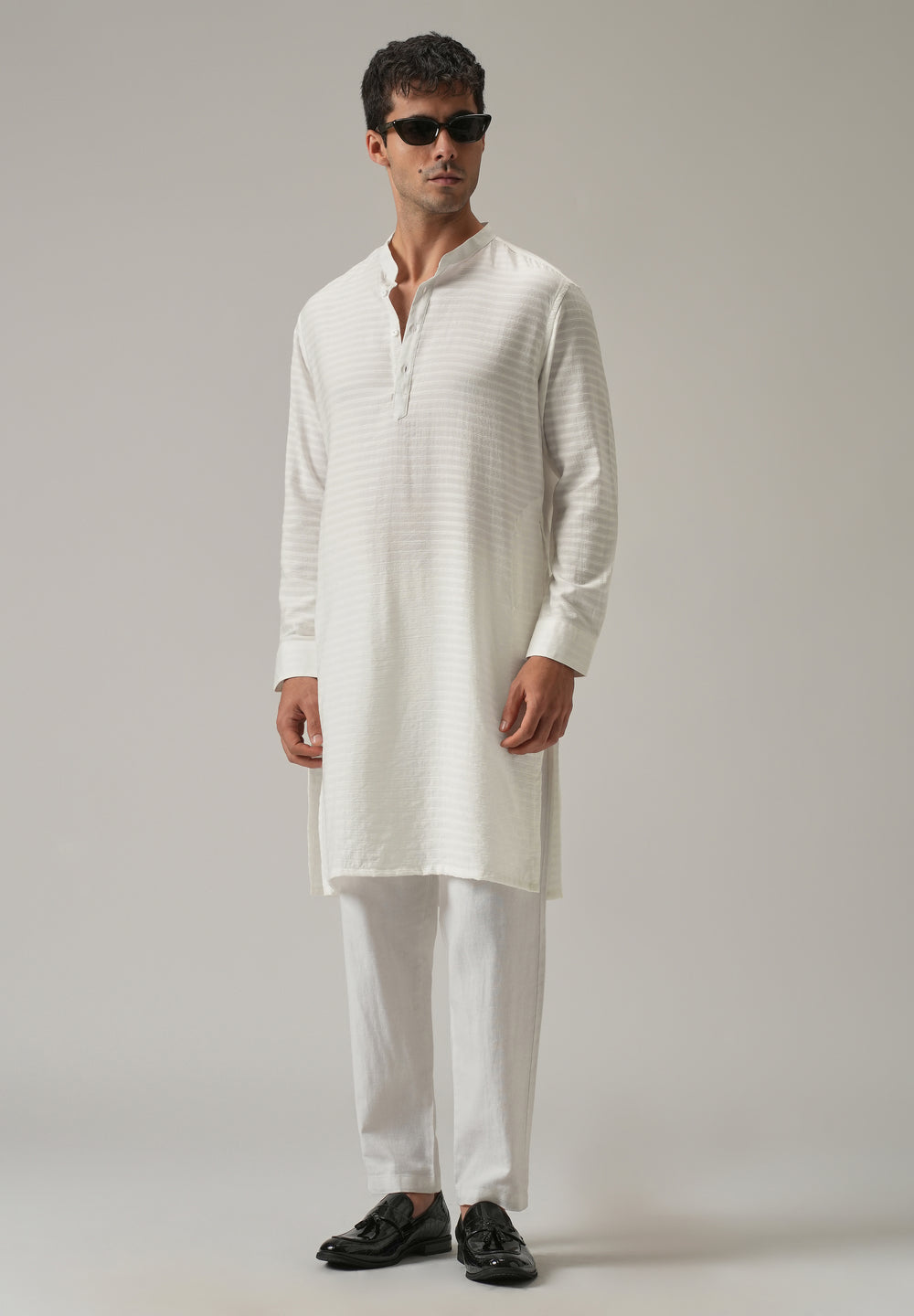 White Nylon Self Stripe Kurta