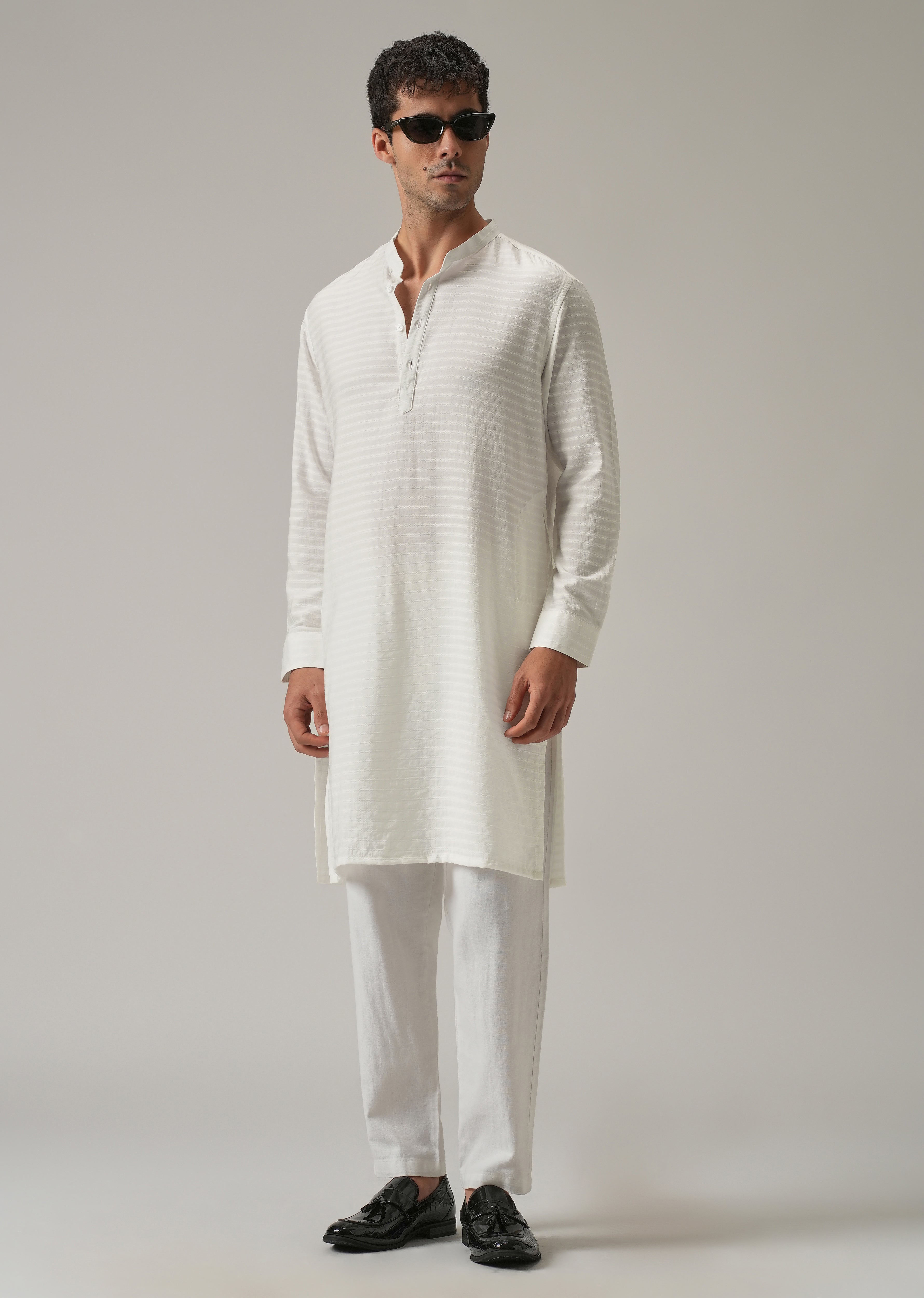 White Nylon Self Stripe Kurta