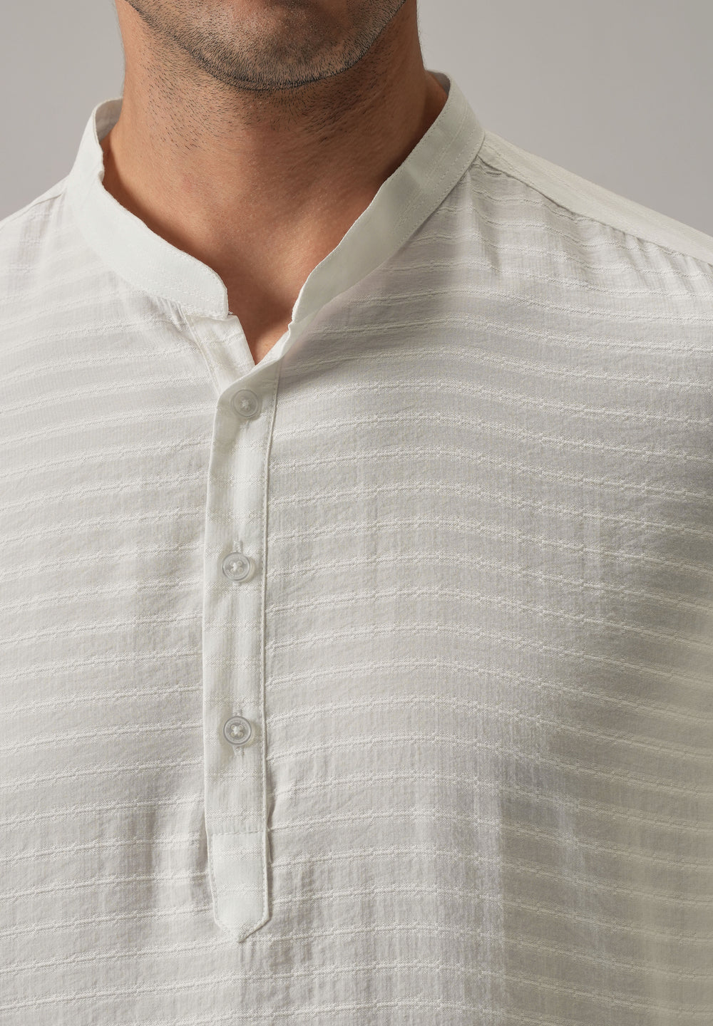 White Nylon Self Stripe Kurta