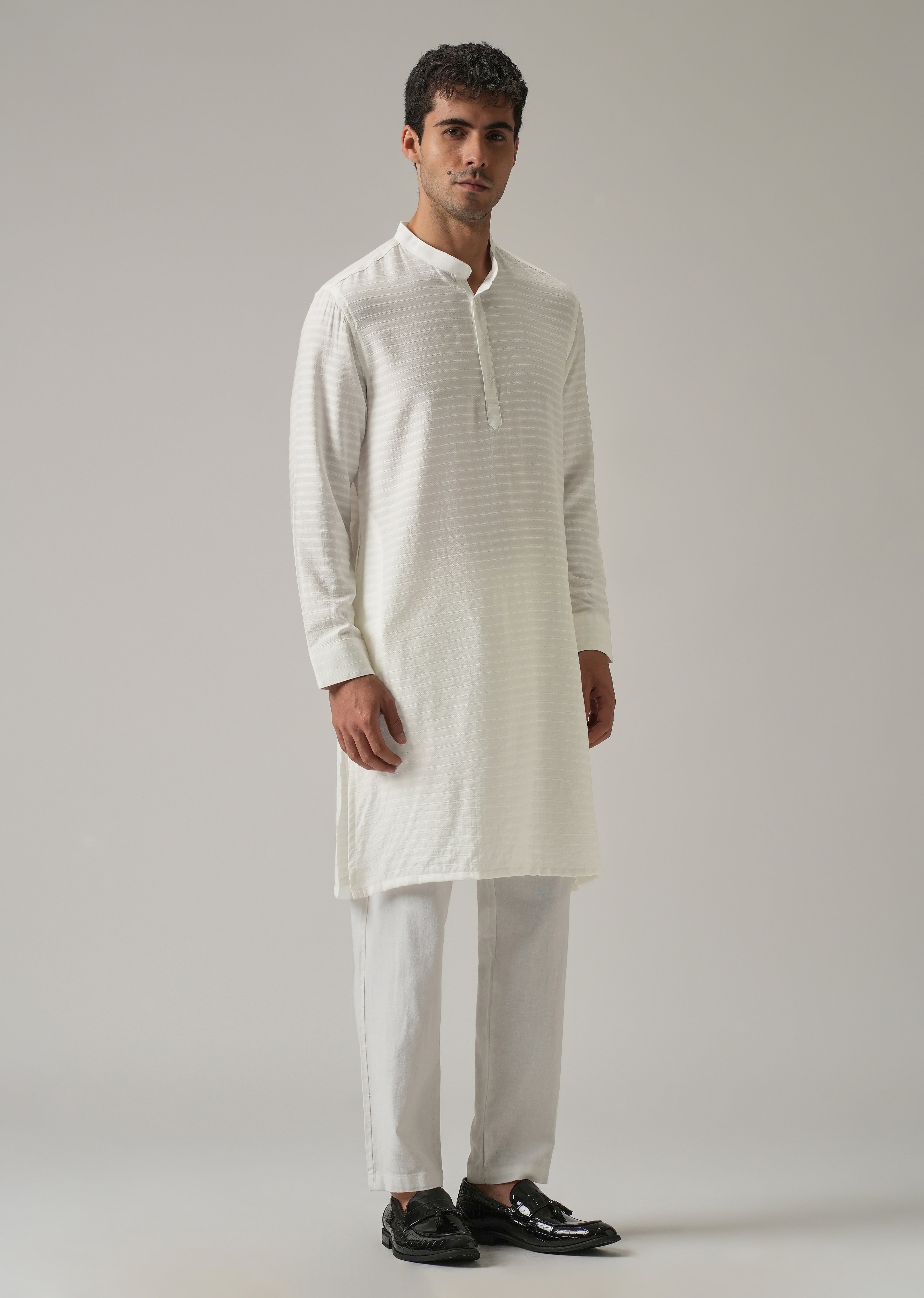 White Nylon Self Stripe Kurta