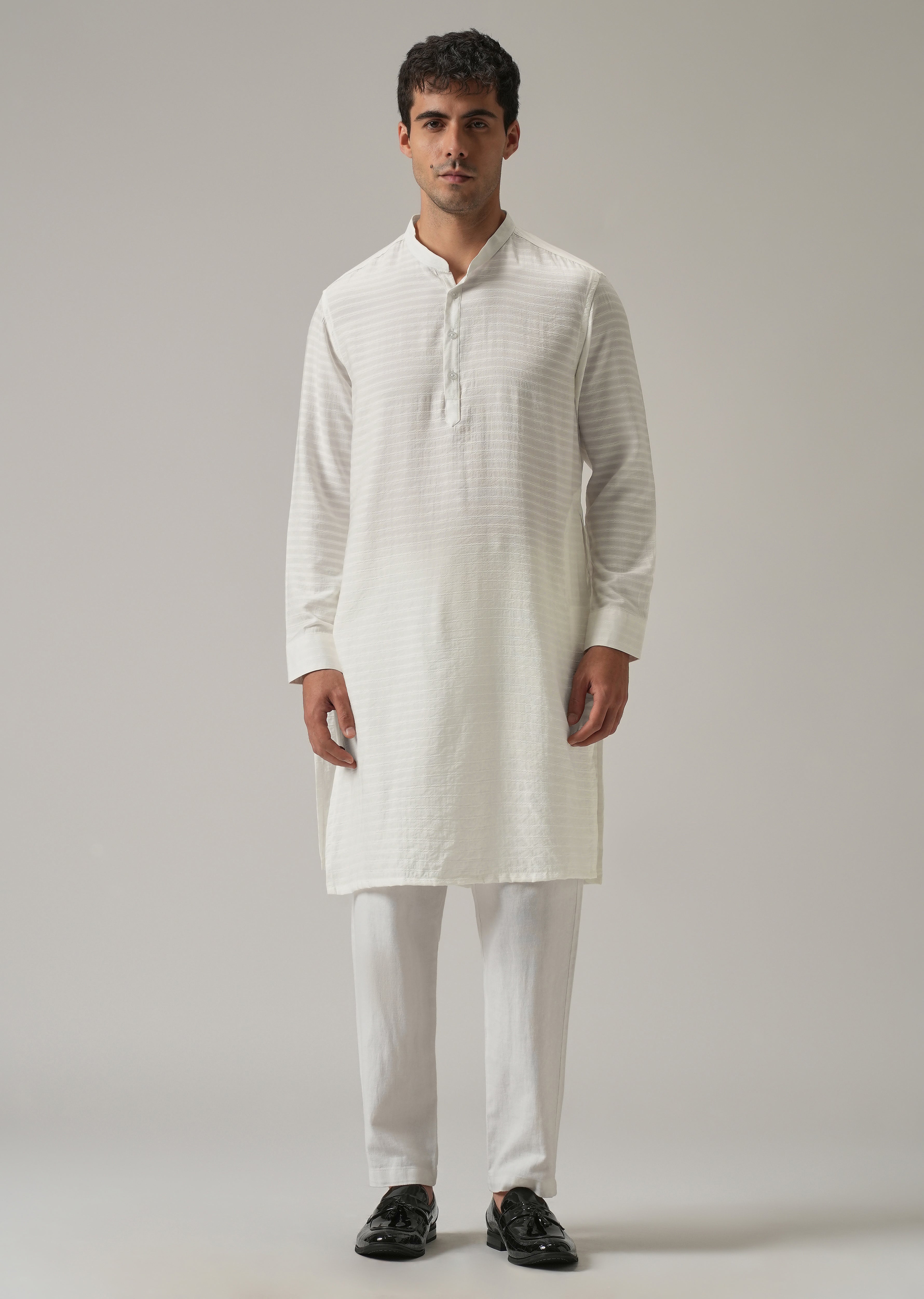 White Nylon Self Stripe Kurta