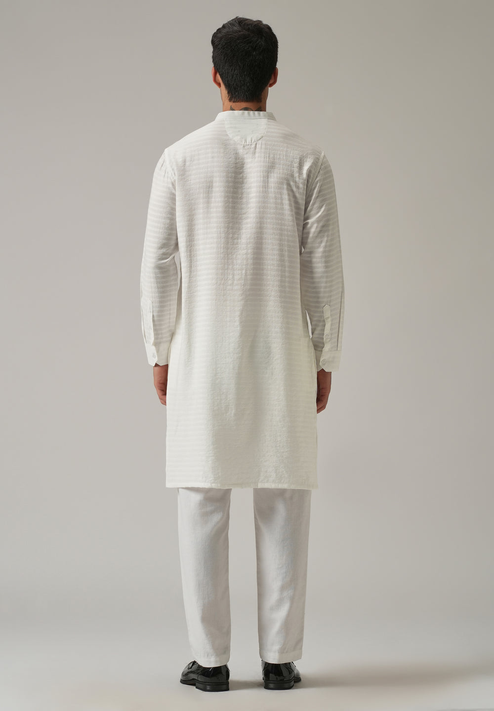 White Nylon Self Stripe Kurta