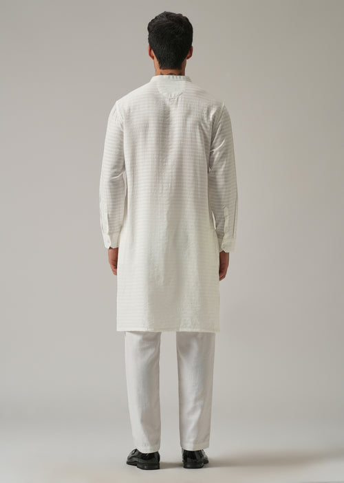 White Nylon Self Stripe Kurta