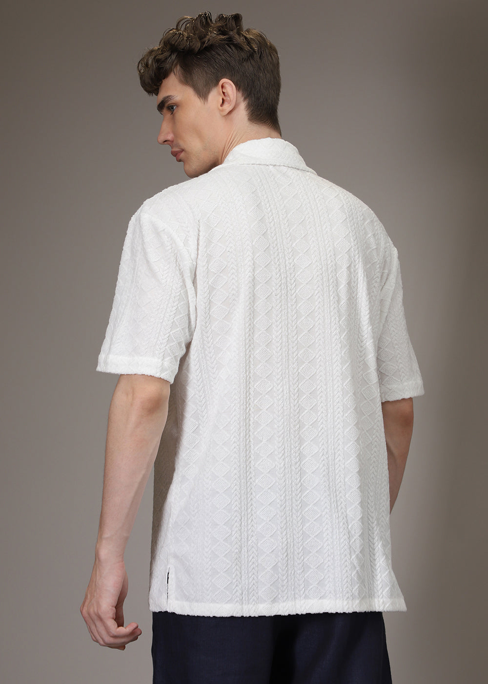 Pearl White Jacquard Towelling Camp Shirt