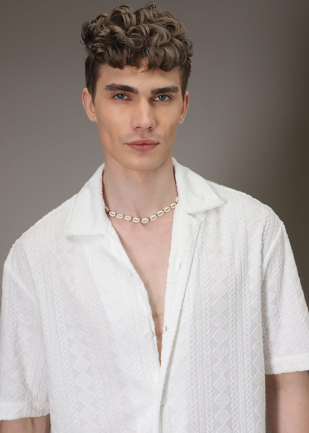 Pearl White Jacquard Towelling Camp Shirt