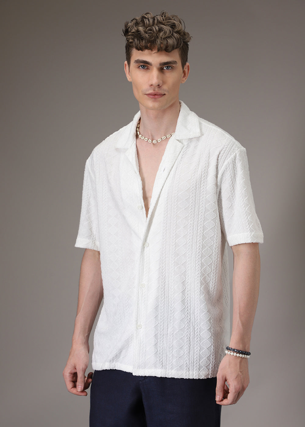 Pearl White Jacquard Towelling Camp Shirt