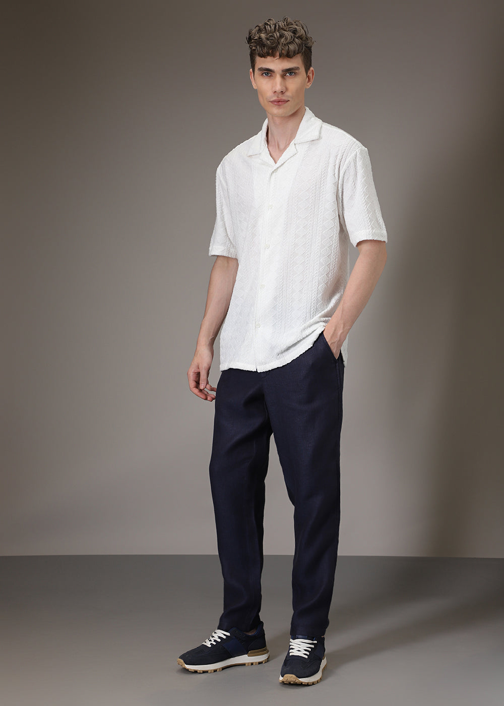 Pearl White Jacquard Towelling Camp Shirt