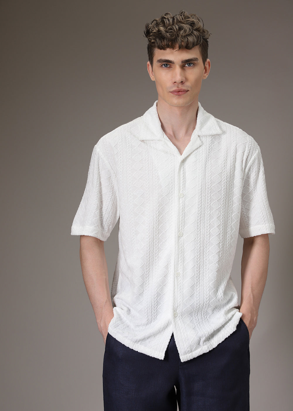 Pearl White Jacquard Towelling Camp Shirt