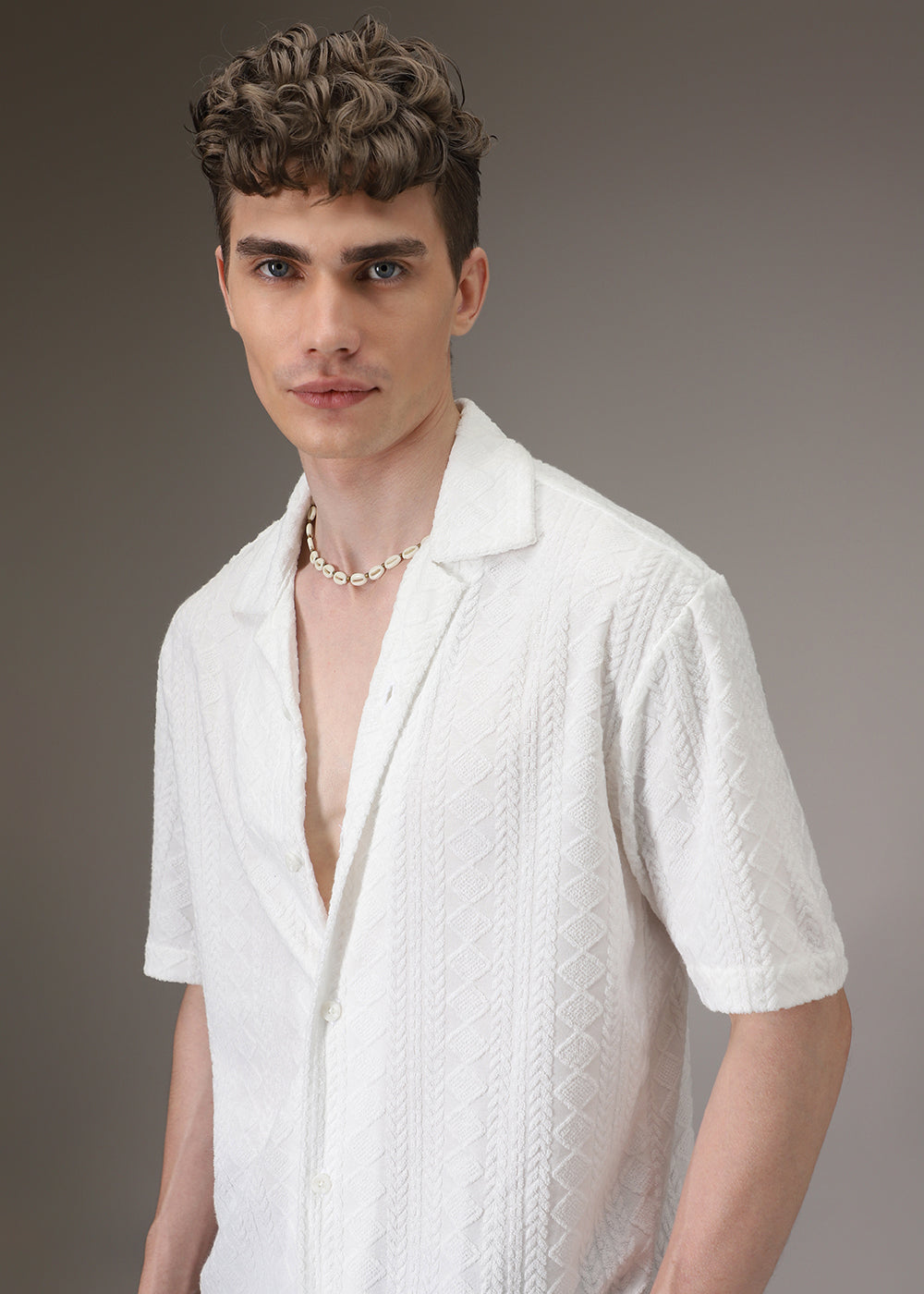 Pearl White Jacquard Towelling Camp Shirt